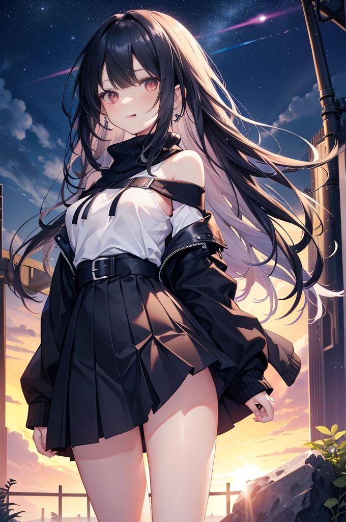 (masterpiece), (best quality), (4k resolution), (anatomy; perfect), 1 girl, fair skin, red eyes, black hair), detailed eyes, perfect face, (locks, bangs), loose hair, (light effects in hair), eyebrow, nose, ear, tight mouth, smiling, sweatshirt OFF SHOULDER TOP, short skirt, tightig chest), (perfect belly), (perfect waist), Beautiful and perfect legs, standing, background scenery, in the park, new year, beautiful night, night lighting, looking at viewer