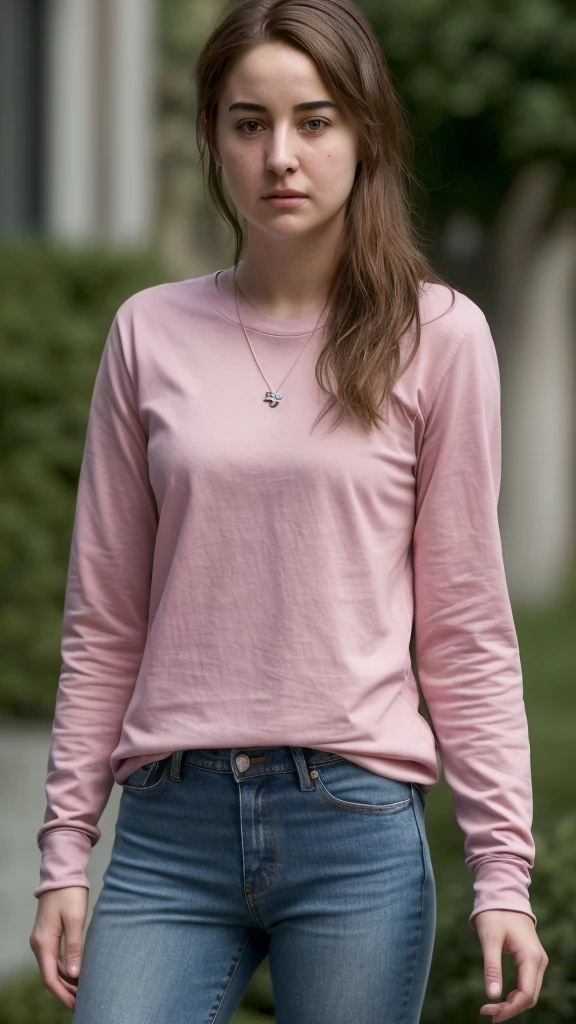 a person with a cell phone in their hand, this person does not exist, 18 years old, wearing a long sleeve pink tshirt and jeans with sneakers, short, petite, diminutive, kazan-maia sandu-saoirse ronan-jacqueline mckenzie-lena dunham-isabelle adjani-mara wilson-rachel leigh cook-hope davis-rachel harris-najwa nimri-shailene woodley-alanna masterson-alona tal merged, entire body visible, full body, hyperrealistic, best quality, 8K, real human skin, masterpiece, extremely intricate, medium closeup, detailed eyes, detailed face, detailed body, exaggerated features, pronounced features