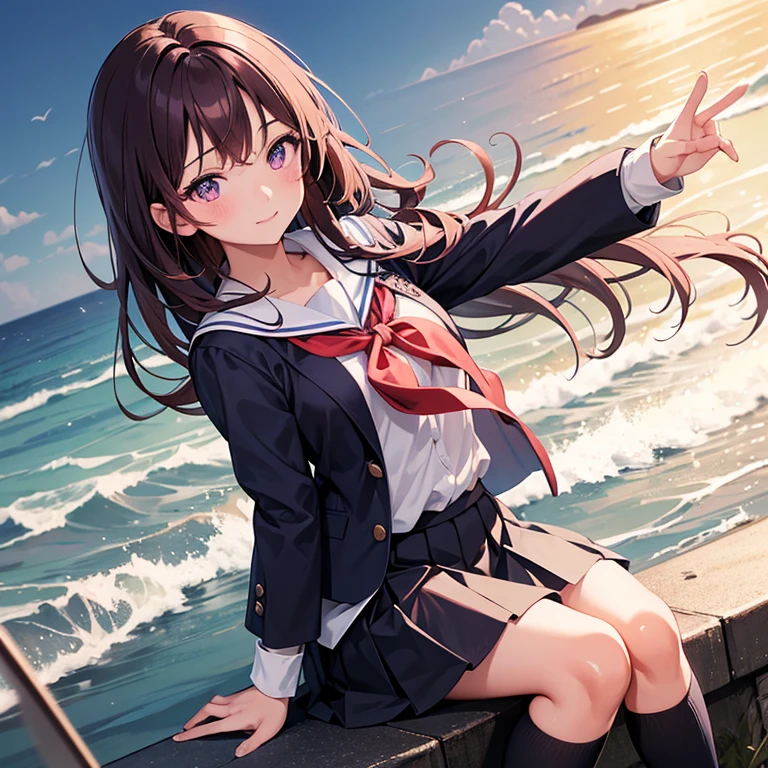 anime、Along the coast、sea breeze、Wearing a pleated skirt, Brown longhair、Navy Blazer School Uniform with Red Ribbon、Reddish-purple eyes、Masseter muscle part、best quality，cinematic lighting，detailed background，Beautifully detailed right pupil，（very detailed and beautiful），（Beautiful and detailed eye description），super detailed，T Masterpiece，）），facing the camera，High resolution，super detailed），flushed complexion，Bocchi，primary school student（Wearing：sailor uniform，black socks，）高画質のUpper body写真、slight smile, Bright colors、Upper body, Delicate drawing、