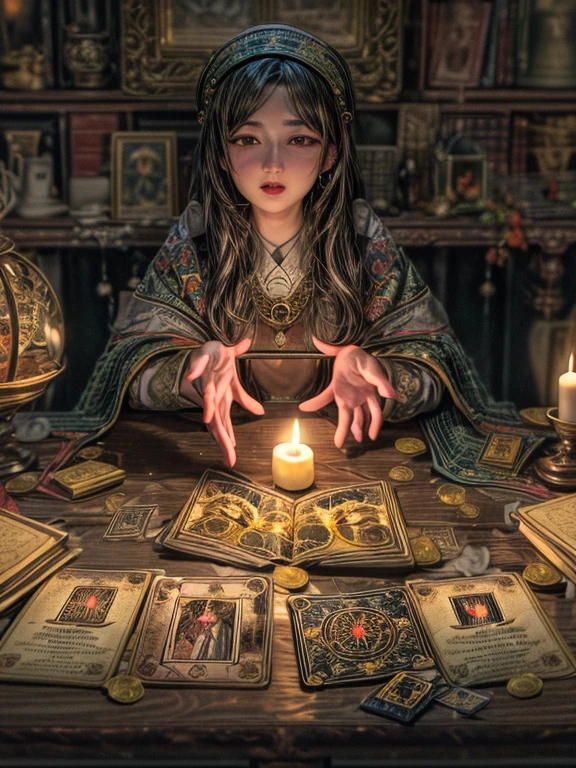 4K,High resolution、medium chest、female fortune teller。Places hands on desk and faces forward。There are candles on both sides of the desk.、Tarot cards are scattered。