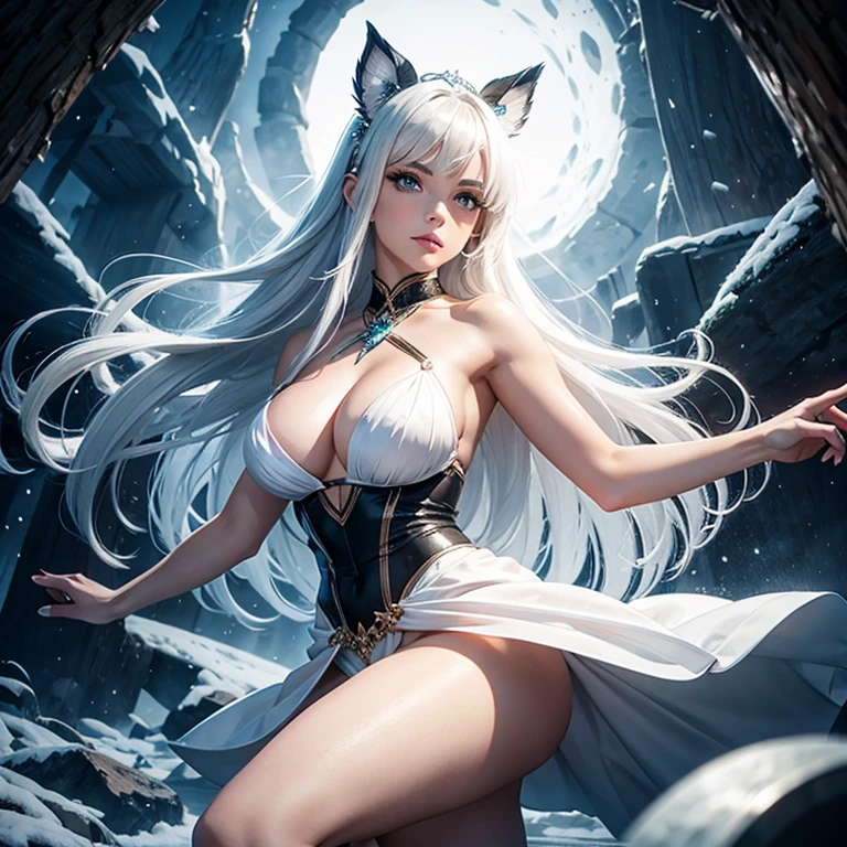 There is a adult woman using ice magic , in a icy forest, at night, wearing a white dress,high heels, Dark tights, white hair,, lips,thin lips, soft face, green eyes,Eyeshadows,eyeliner,knee length hair,curved hair, thin waist,Big , high quality, highly detailed skin, dynamic pose