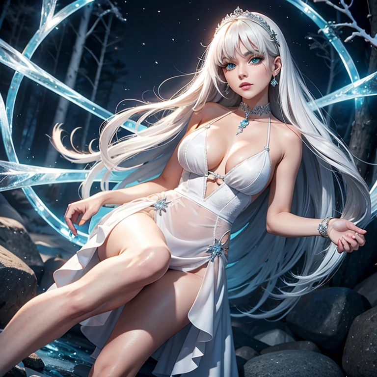 There is a adult woman using ice magic , in a icy forest, at night, wearing a white dress,high heels, Dark tights, white hair,, lips,thin lips, soft face, green eyes,Eyeshadows,eyeliner,knee length hair,curved hair, thin waist,Big chest, high quality, highly detailed skin, dynamic pose