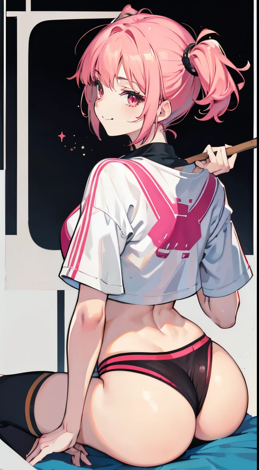 age girl,short crop top,hot pants,Queen,Shake ack view,Cord,shackle,red eyes,No underwear,pink hair,big ass,Playful,stick out your tongue,Smile,sweat,secretion,Buttocks close up,sitting,Sit on the camera,back view,raised buttocks,sexy,Underpants