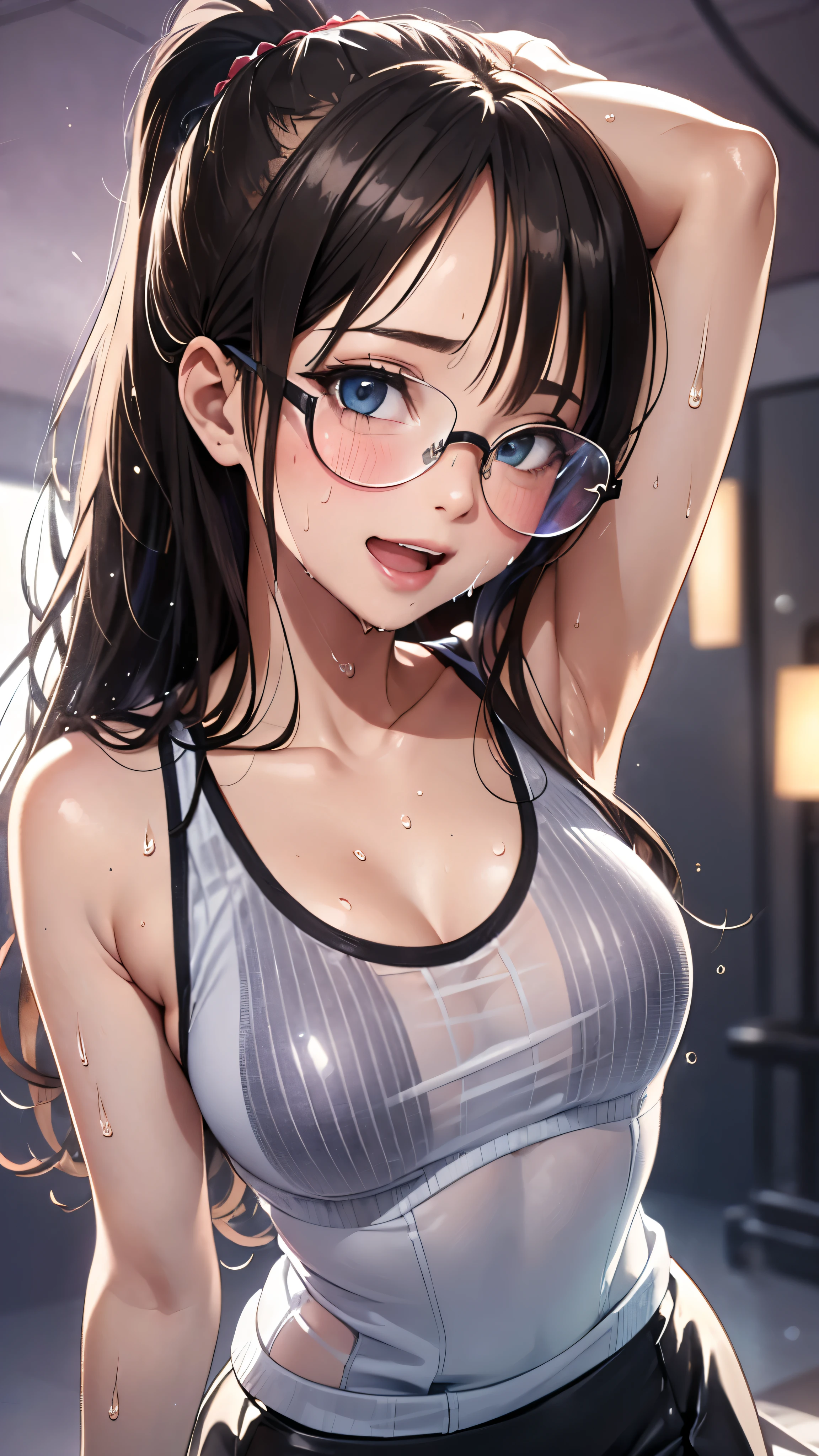 1 female,golden hair,25 years old,(((blue shiny micro tight skirt)))((white tank top))(((blush、open mouth smile)),(((straight hair))),(((portrait))),crowd,,((wet with sweat))(sexy black bra and see-through tank top)(Glasses)(((small breasts)))