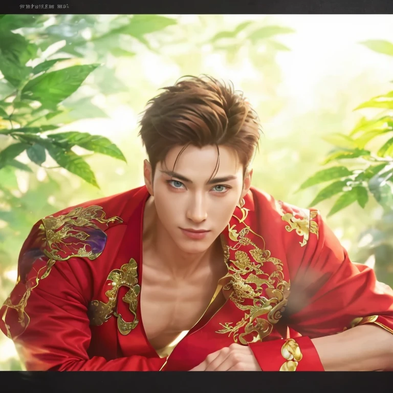 a close up of a person in a red dress with a dragon on his chest, delicate androgynous prince with charming face, purple eyes, wearing ancient Korean clothes, korean art nouveau anime