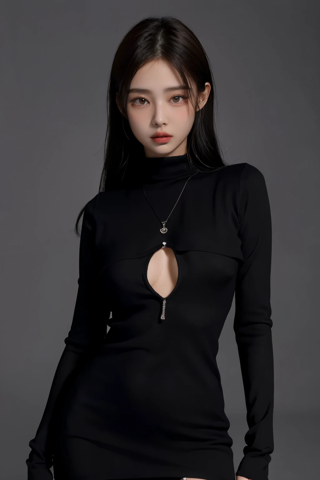 ultra high resolution, obra de arte, melhor qualidade, peles brilhantes brilhantes perfeitas, fundo cinza escuro, classic black dress, perfect lighting, detailed lighting, dramatic shadows, rastreamento de raios, 1 garota, Black sweater, Olhando para o visualizador, fora do ombro, seios grandes, decote exposto, olhos azuis, sharp face, olhos afiados, cabelo liso xale forte , NSFW, ((fundo escuro)),, rosto sexy, Facial expressions when receiving pleasure,(( Tatuagem no peito))