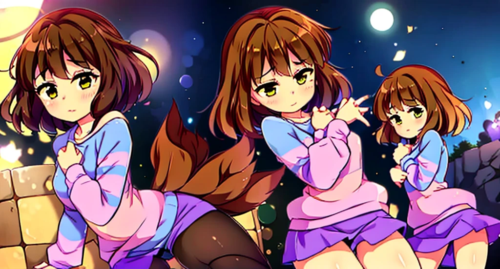 Best quality, masterpiece, multiple girls, {girl towards the right( short brown hair, sapphire eyes, blue shirt with pink stripes, brown short shorts,)} , {girl towards the middle( short light brown hair, emerald color eyes, green shirt with yellow stripes, light brown short shorts,)} , {girl towards the left( short light brown hair, rose quartz color eyes, top half purple bottom half pink shirt, short pink skirt,)} ,