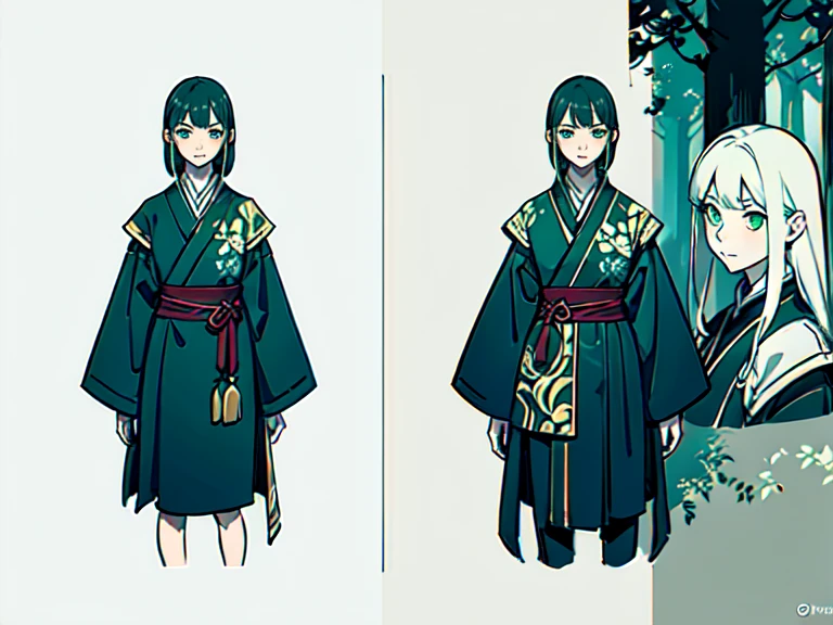Video game character design, Drawing with Line Drawing, Multiple points of view, best quality,masterpiece,highres, yuan-ti, male, collage ((character concept art)), Video game character design, Detailed female with pale skin,short dark hair, asian, illustartion,Realistic,Harmonious colours,natural lighting,Forest setting, green clothes, multiple views, Multiple images of the same character in one outfit:, Middle Ages