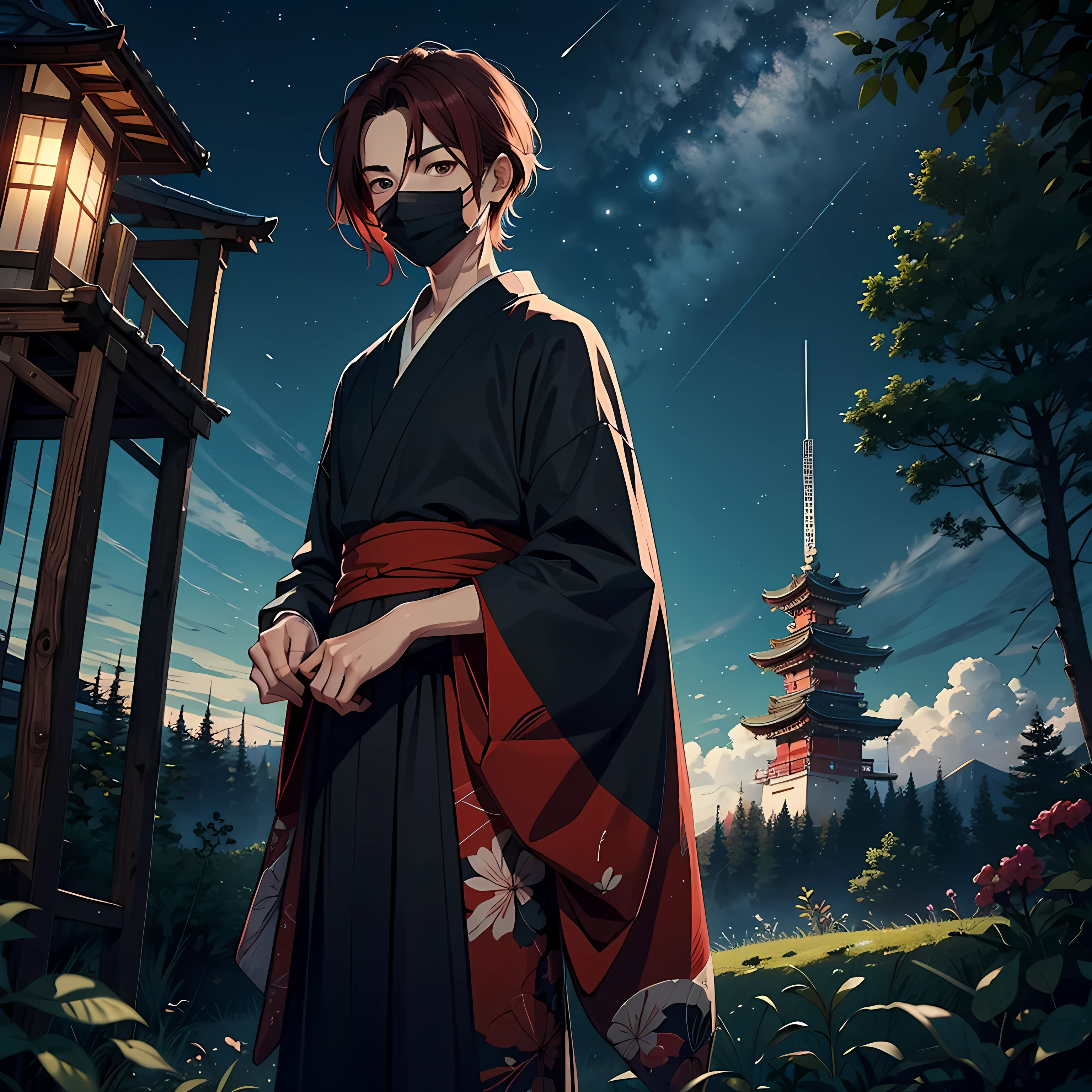 Un samouraï en premier plan. Un homme en kimono avec un sabre. Une maison dans la forêt. Il y a une aurore boréale dans le ciel. meilleur qualité、dessus de la table、(jpn、ciel étoilé、nuit)、mont、Les chaudières de glycine:2. style : Remji dams Eau de Javel. Eau de Javel. mignon. Masque. Mystere. Le samurai porte un masque japonais. C'est un enfant. jeune. 16 ans. cheveux rouges. tenue ????. kimono ????. cheveux roux. Masque