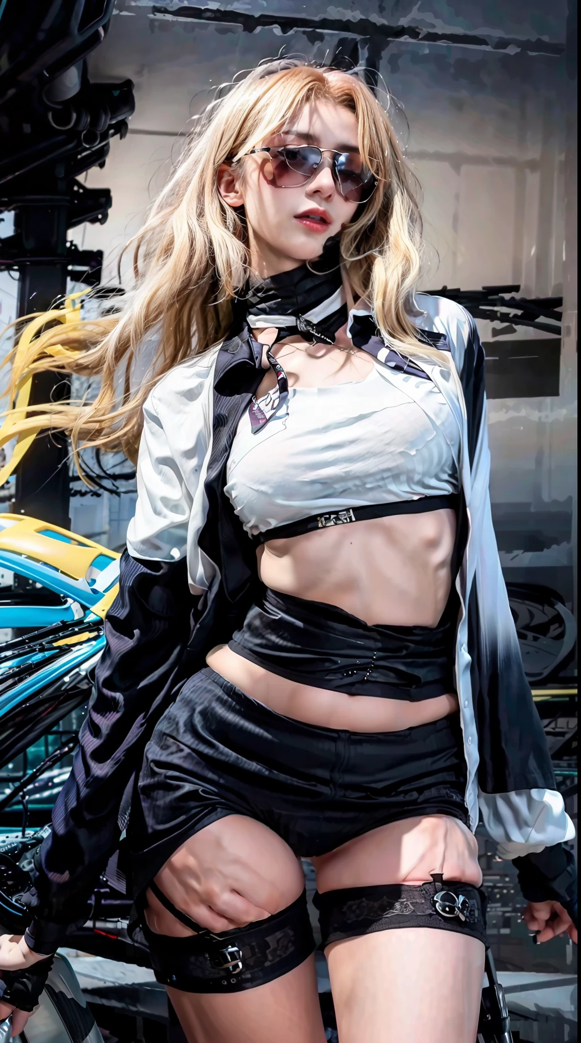 (masterpiece:1.2, best quality), 8k,Sharp focus, 1 cool woman posing in a sports car, long and messy hair, Wearing sunglasses, Wearing a black suit with a white shirt and tie,Dynamic pose, Night city background with beautiful lighting