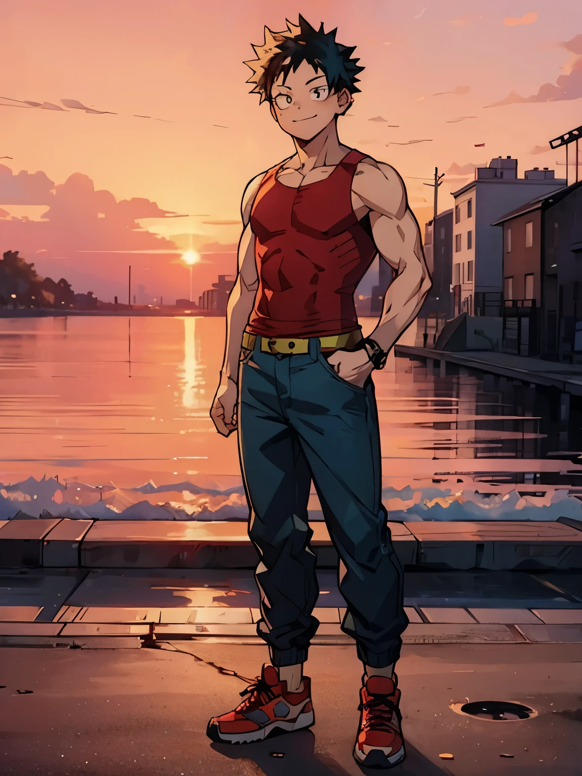 (((My Hero Academia Style))), (Full Body Photo:1.5), 1boy, young boy, Itadori Yuji, standing, standing pose, relaxed, relaxed pose, red tank top, red t-shirt, tank top, baggy jeans, denim pants, baggy pants, red sneakers, sneakers, slim build, light muscles, looking at the viewer perfect anatomy, perfect hands, super detailed, friendly smile, relaxed look, expression of pleasure, headphones on the neck, headphones, pink background, pink sunset background, sunset background, pink sunset,