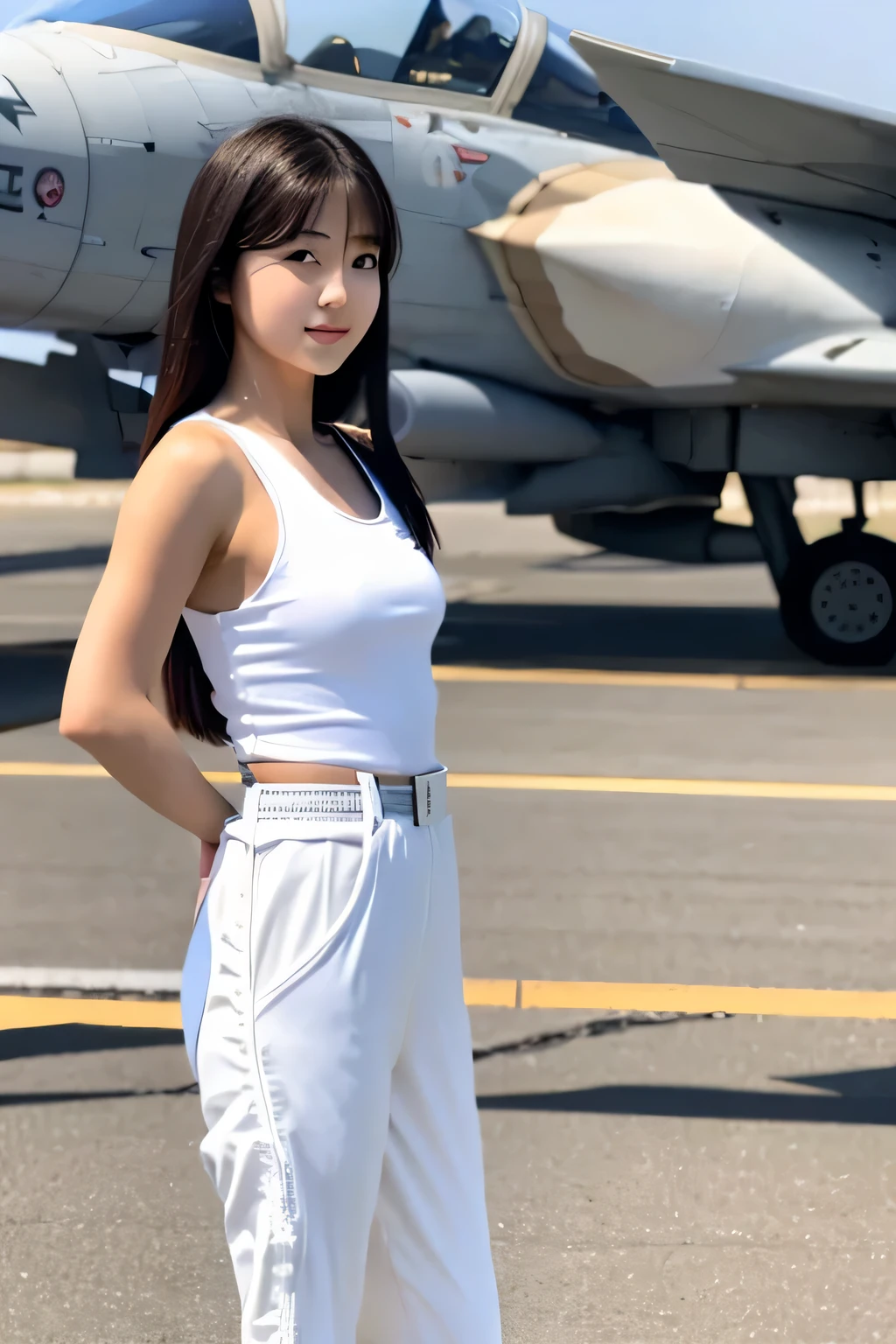highest quality, 4K quality, Air Self-Defense Force、18 year old Japanese female pilot、air force base、Jet fighter on the background、flight suit、take off your jacket、The upper body is wearing a thin white tank top.、full body figure,have a helmet