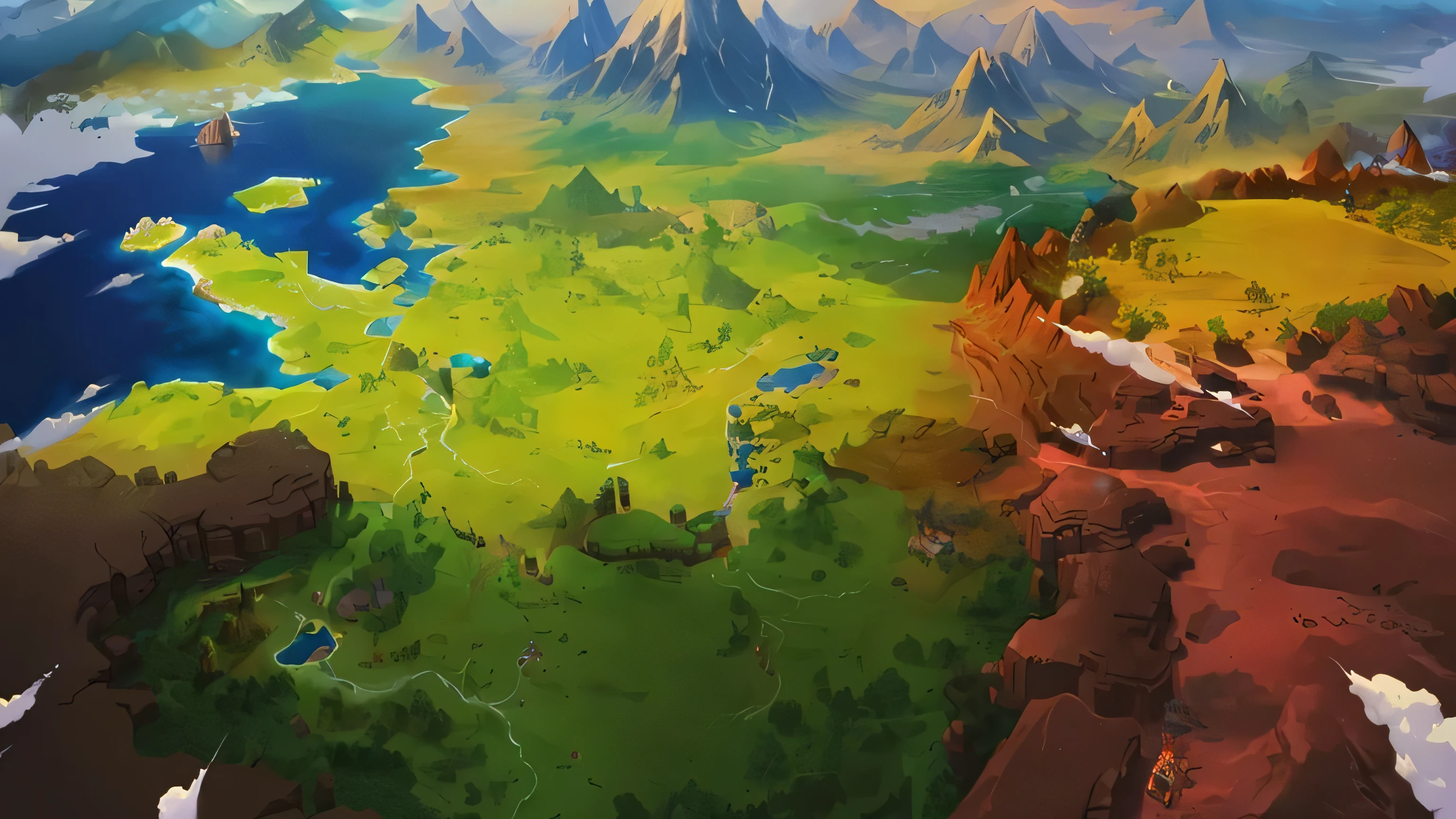Close up mountain map with lake, Zelda breath of the wild map, an epic scenery, Game map matte painting, huge landscape!, matte painting arcane Dota pixar, 《The Legend of Korra》set up, Dota matte painting concept art, most epic scenery, RPG landscape, background air combat, Dota! matte painting concept art, concept art. epic scenery