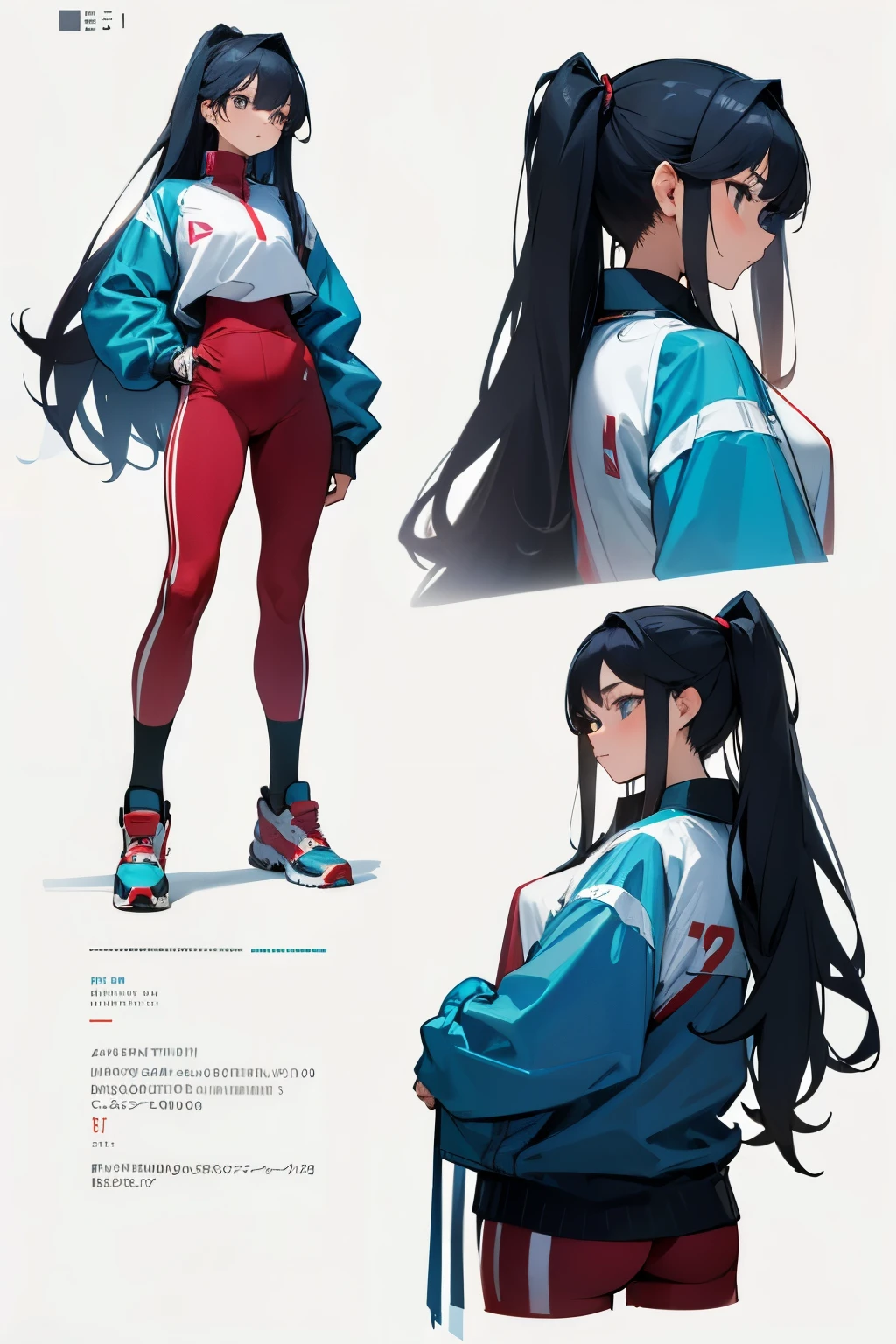 Three views of a girl with long hair standing in sportswear, full body view, front view, side view, rear view