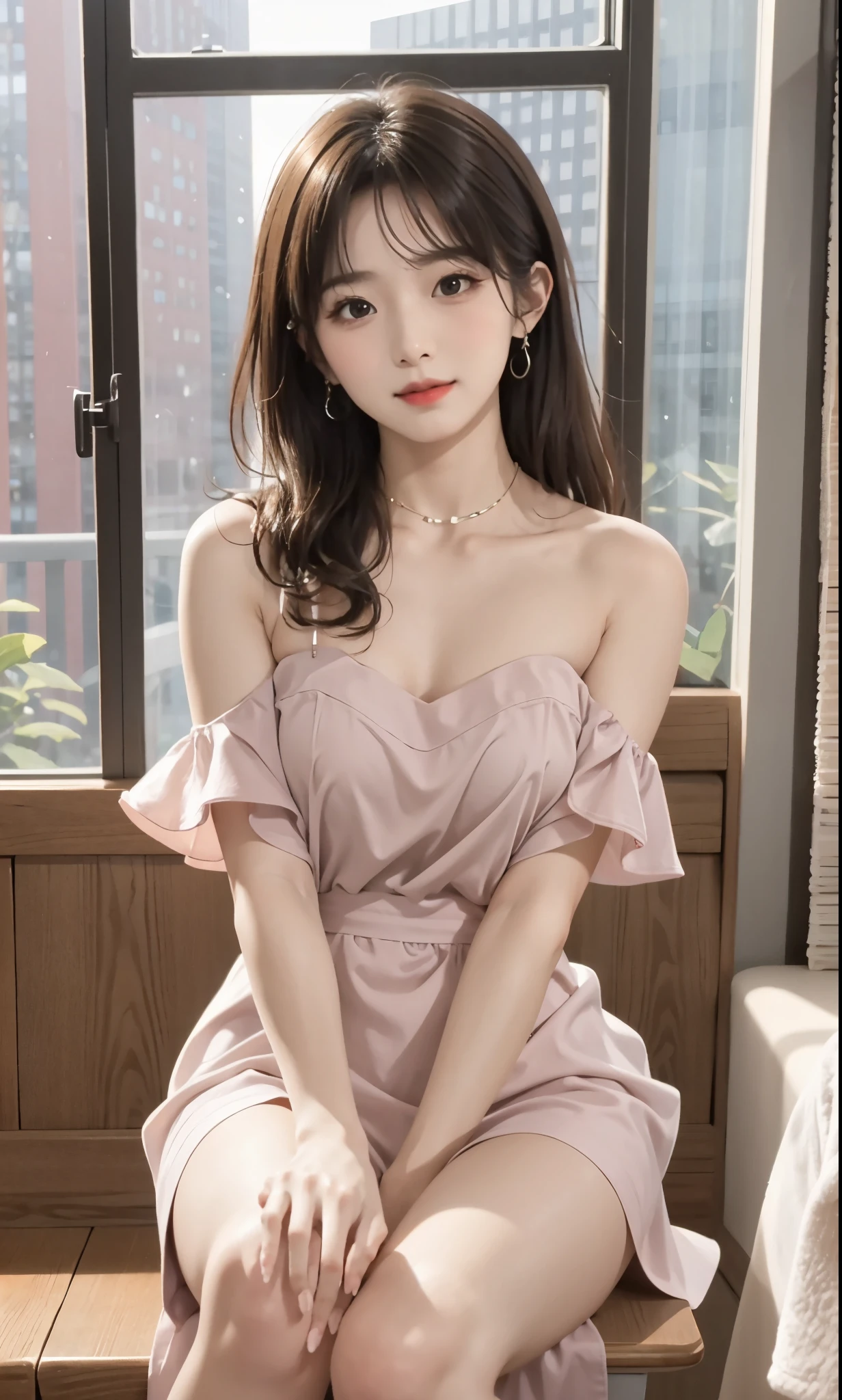 dress,  (knee shot), (8K, original photo, lifelike:1.25),(inside the classroom, sitting on desk), Warm colors, Color saturation, ( lip gloss, eyelash, Grossas, shiny skin, best quality, ultra high definition, depth of field, Color difference, Caustics, Extensive lighting, natural shadow, kpop idol) Looking at the audience with calmness and goddess-like happiness,