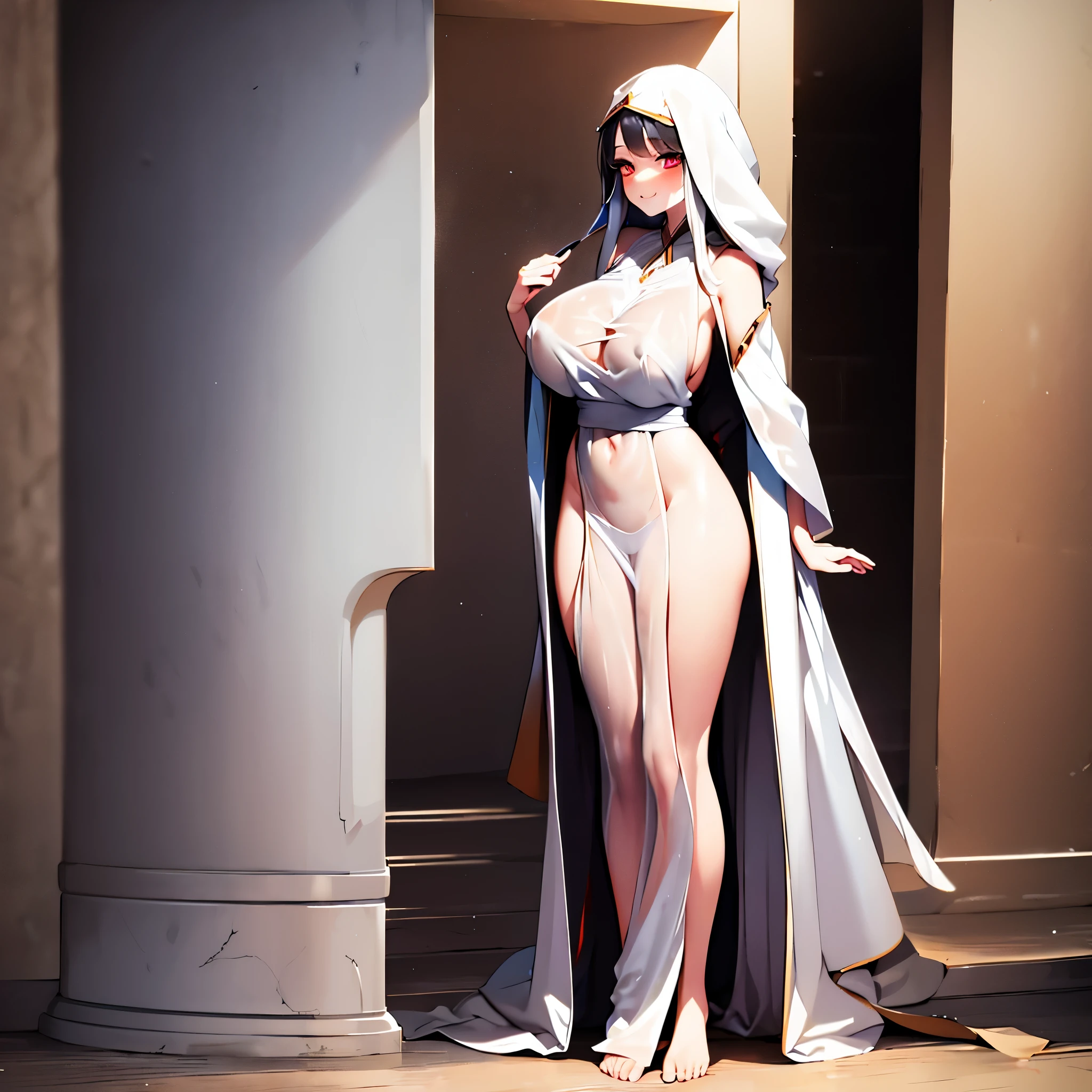 solo 1 thin girl standing, priest, (white see-through robe:1.4), large breasts, thin waist, thin long legs, glowing red eyes, smile for viewer, nose blush, full body