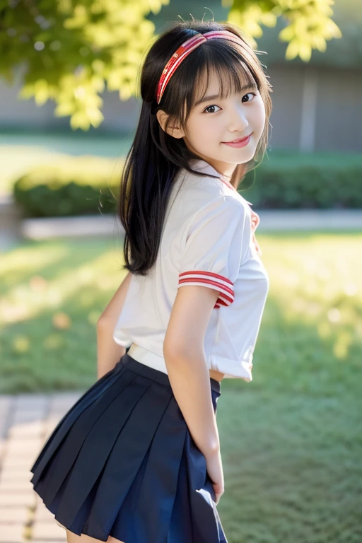 (((masterpiece))), (((Full body photo))), (One beautiful Japan girl, classmates, landscape and innocence,kawaii) ,超A high resolution, Realistic, ultra-detailliert, 8K,top-quality, Extremely detailed, Detailed background,A slender,very beautiful japanese girl, Detailed face:1.3), (Bery short hair,A dark-haired :1.4), (a ,kawaii系,adorable 14 year oPerfect body:1.1), (Neat sailor suit,Dark blue mini skirt、Dark blue high socks、lowfers), on the grass in the park,Requisitioning smile,Please show me your beautiful teeth,((Focus on the crotch,The skirt is rolled up、Panties are visible,Underwear is sheer)),Turn、rosy cheeks,Super Detailed Face、Detailed lips、A detailed eye、small gravure idol,Transparent skin、lolita,japanese hight school uniform,Shade,Under a big tree,Photorealistic:1.37,no-makeup,Neutral Lighting,posterior view、Enlarge the buttocks、Looking up from the ground