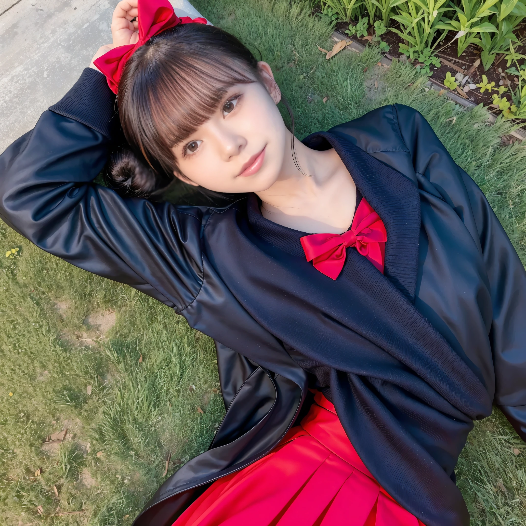masterpiece, highest quality, Femonica, hair bun, Mitsuami, red bow, Black jacket, black skirt, Red pantyhose, upper body whole body, From above, sleeping on one's back, Grass, looking at the viewer, tired, smile, garden