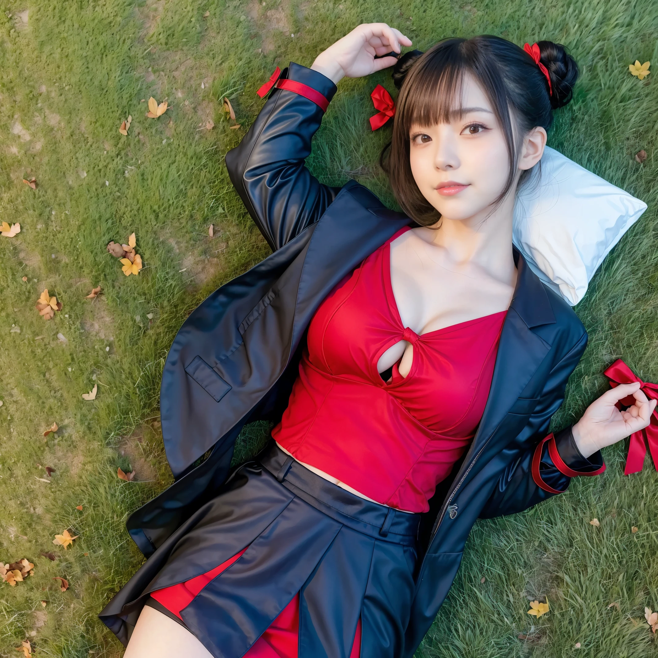 masterpiece, highest quality, Femonica, hair bun, Mitsuami, red bow, Black jacket, black skirt, Red pantyhose, upper body whole body, From above, sleeping on one&#39;s back, Grass, looking at the viewer, tired, smile, garden 