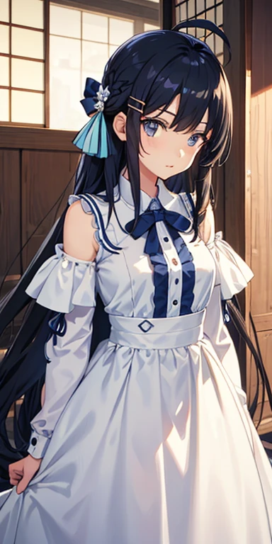 one girls, Animated, Kyoto Animation Style, Anime Screen, view straight on, focus on girl, Head_tilt, 小柄, girl with, Very long hair, Random hair, asymmetrical bangs, Hair intake, Shiny hair, Ahoge, Beautiful face,White Dress, bow ribbon, hair clips, 手链, 