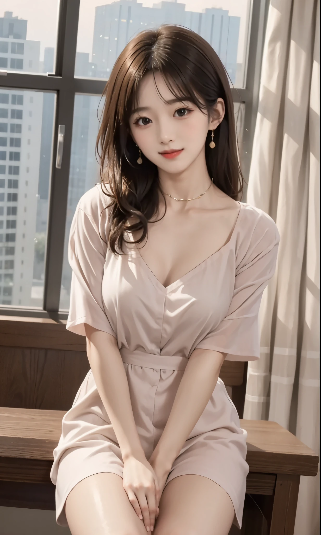 ((Kumiko Goto:1.3))Beautifully detailed face、Pale skin、Realistic glowing skin、Detailed cloth texture、Detailed hair texture、Perfect body、Beautiful Face、correct、Anatomically correct、 Highly detailed face and skin texture、Natural neck length、(Beautiful Hands)、(Fair skin:1.2)、Thin legs、Thin legs、 break 細かい目元、Symmetrical eyes、Light brown eyes、double eyelid、Thin eyebrows、(Glossy Lips:1.4)、((A kind smile:1.2))、(blush:1.1)、 break (Elegant and pretty girl:1.3)、Medium-sized large breasts、(Slim figure:1.1)、Toned Abs、Beautiful clavicle、 (Dark Blonde、Wavy Hair、Long Hair:1.2)、(Cowboy Shot:1.2)、A shy smile、Full figured supermodel standing, Full body in frame、Standing Elegantly,standing on a windswept rooftop during sunset, overlooking a cityscape,Silver Necklace_Big earrings、Abstract print mini dress_Long sleeve_Wrap dress
