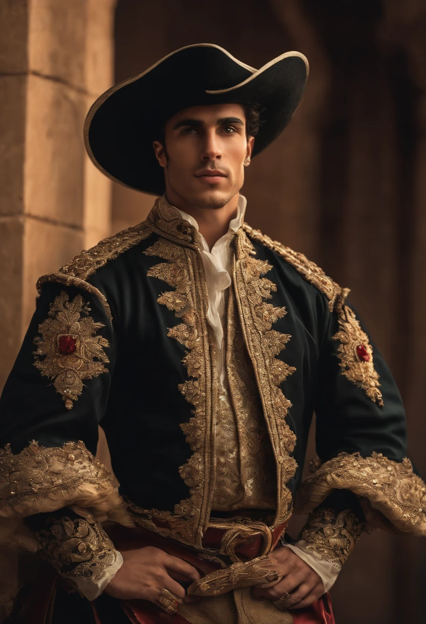 ((Baroque masterpiece)), ((A Baroque painting of a beautiful bullfighter, with a masculine face and wild eyes, a hypnotic and sensual man, a true portrait of a God, the most beautiful man in Spain)),((with clothes typical bullfighter with Spanish from the Victorian Era)), ((attractive man)), ((1 strong, macho bullfighter, looking at camera)),1 18 year old boy, , ((wild and defiant eyes))
((lustful full body)), ((beautiful, muscular legs)),
((beauty body,)), top quality、Official Art、great aesthetics:1.2)、best quality, ultra hd, 32k、(Fractal Art:1.3)、
Coloring、but high-detailed ((masculine evil villain)), soft smile, Masculine and strong, Smooth expression,
a smile, full body shot, looking at camera, ((fighting with a bull in the bullring in Seville, Spain))
highly detailed,
ultra-realistic, intricate details, painting (Craftsmanship), ((master part,best quality)), ((Cinematic light)),
hyper realistic, fearsome, dark fantasy, epic realistic, art, (HDR:1.5), hyper detailed, (Artee station:1.5),
cinemactic, warm lights, Light Effect, dramatic light, (intricate details:1.1), Complex background,
(Greg Rutkowski:0.8),