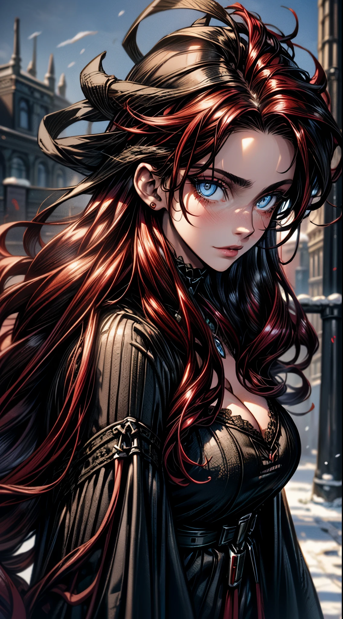 girl milf, detailed eyes, glowing blue eyes, natural perfect breast, red hair, black rose in hair,highly detailed skin texture, extreme details, (old London scenery), closeup portrait, cleavage, messy hair,