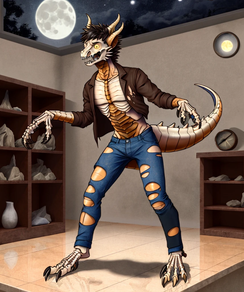 best quality, ultra high resoultion, masterpiece, extremely detailed raw photograph, inside fantasy paleontology museum at night, standing on empty exhibit plinth, half transformation, college girl skeletal dragon hybridization metamorphosis, torn jeans and jacket,