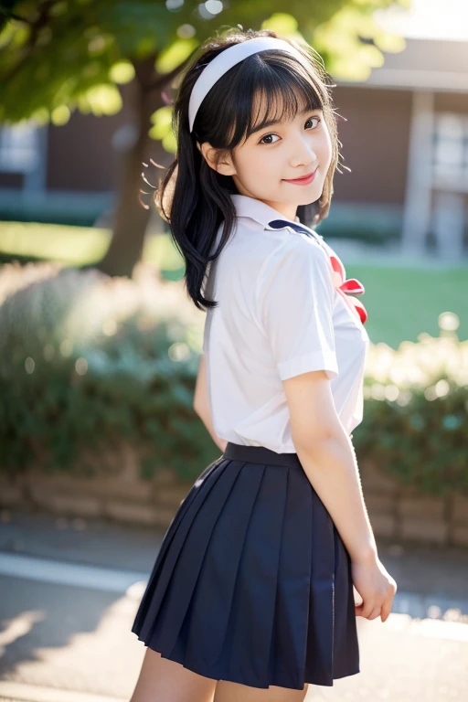 (((masterpiece))), (((full body photo,Are standing,Rear view,Focus on the buttocks,I can see panties))),(one beautiful japanese girl, innocence,cute) ,ultra high resolution, Reality, Super detailed, 8K,highest quality, Extremely detailed, blurry background,slender,small breasts,(very beautiful japanese girl, detailed face:1.3), ((bob hair,hair band,shiny hair,black hair :1.4)), (baby face,cute系,adorable girl,he is short), (perfect body:1.1),(cuteセーラー服、short sleeve sailor suit,navy blue pleated mini skirt),((school classroom))),Beautiful smile,rosy cheeks,super detailed face、detailed lips、detailed eyes、small gravure idol,transparent skin、Shining beautiful skin,ta,no makeup,Japanese high school uniform with school emblem on the chest,(Super high resolution),(perfect limbs、perfect anatomy),Colors and landscapes of youth、premonition of love,Break time,expressive eyes,Bright colors, soft lighting, digital illustration,Chatting happily