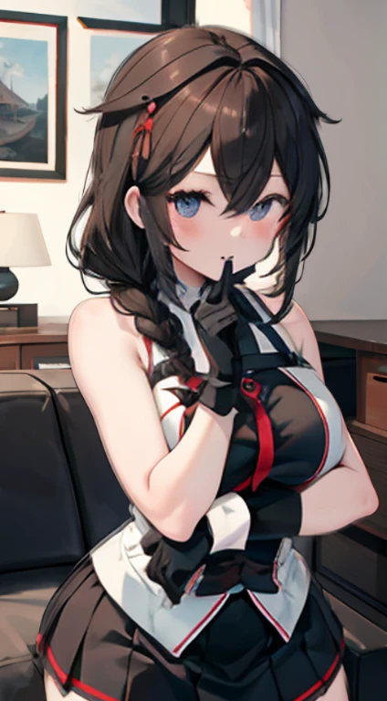 Shigure Kai 3 KanColle Sleeveless Black Thimble Gloves Black Skirt Braid 8K High Resolution Very Fine Eyes Very Fine Face、Insanely detailed body、Extremely fine skin, very elaborate hair ornament, Precisely shaped body and hands 1 person Living room in a private house 妖艶な表情 big bust