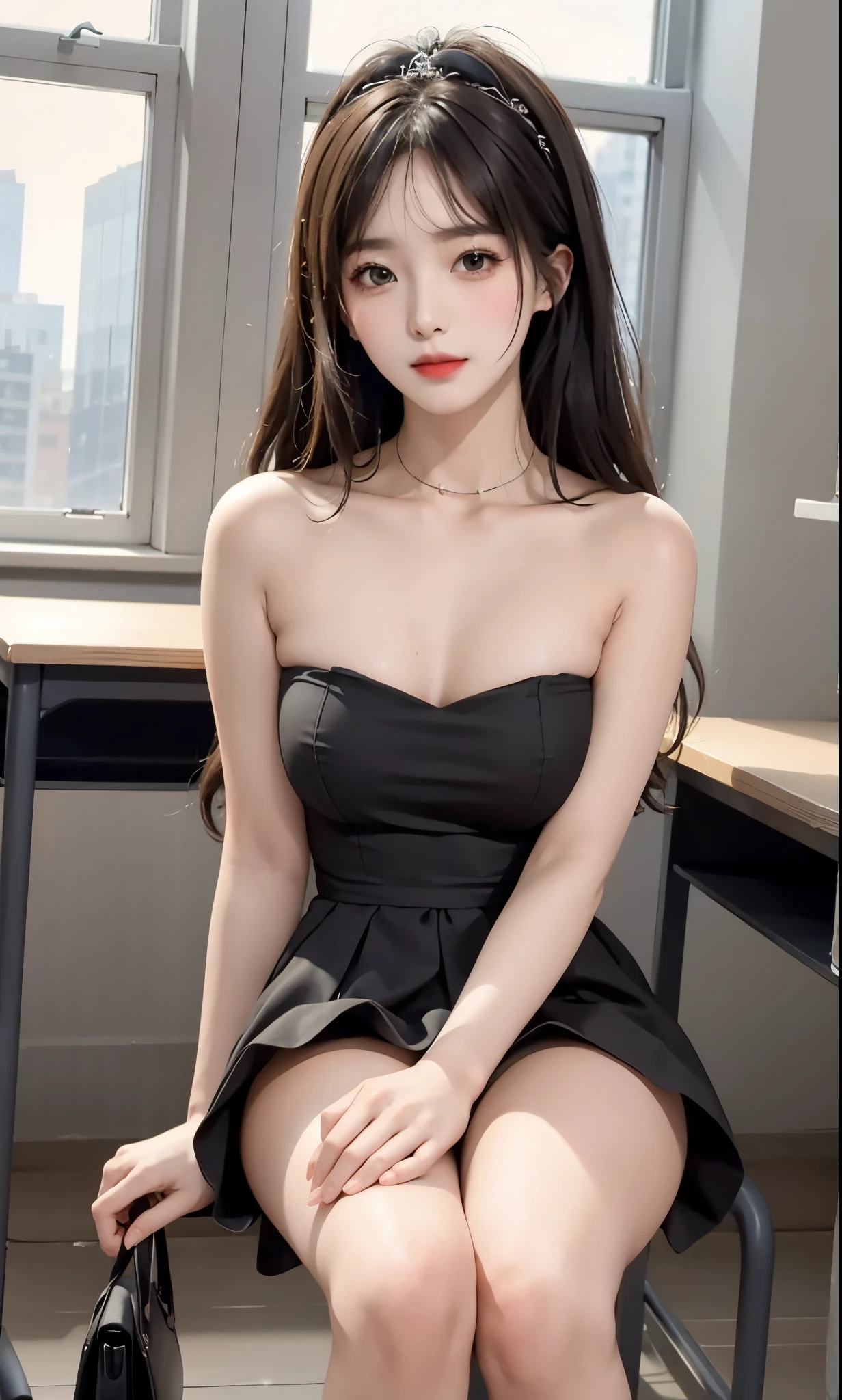 Special clothes46,strapless dress, (knee shot), (8K, original photo, lifelike:1.25),(inside the classroom, sitting on desk), Warm colors, Color saturation, ( lip gloss, eyelash, Grossas, shiny skin, best quality, ultra high definition, depth of field, Color difference, Caustics, Extensive lighting, natural shadow, kpop idol) Looking at the audience with calmness and goddess-like happiness,