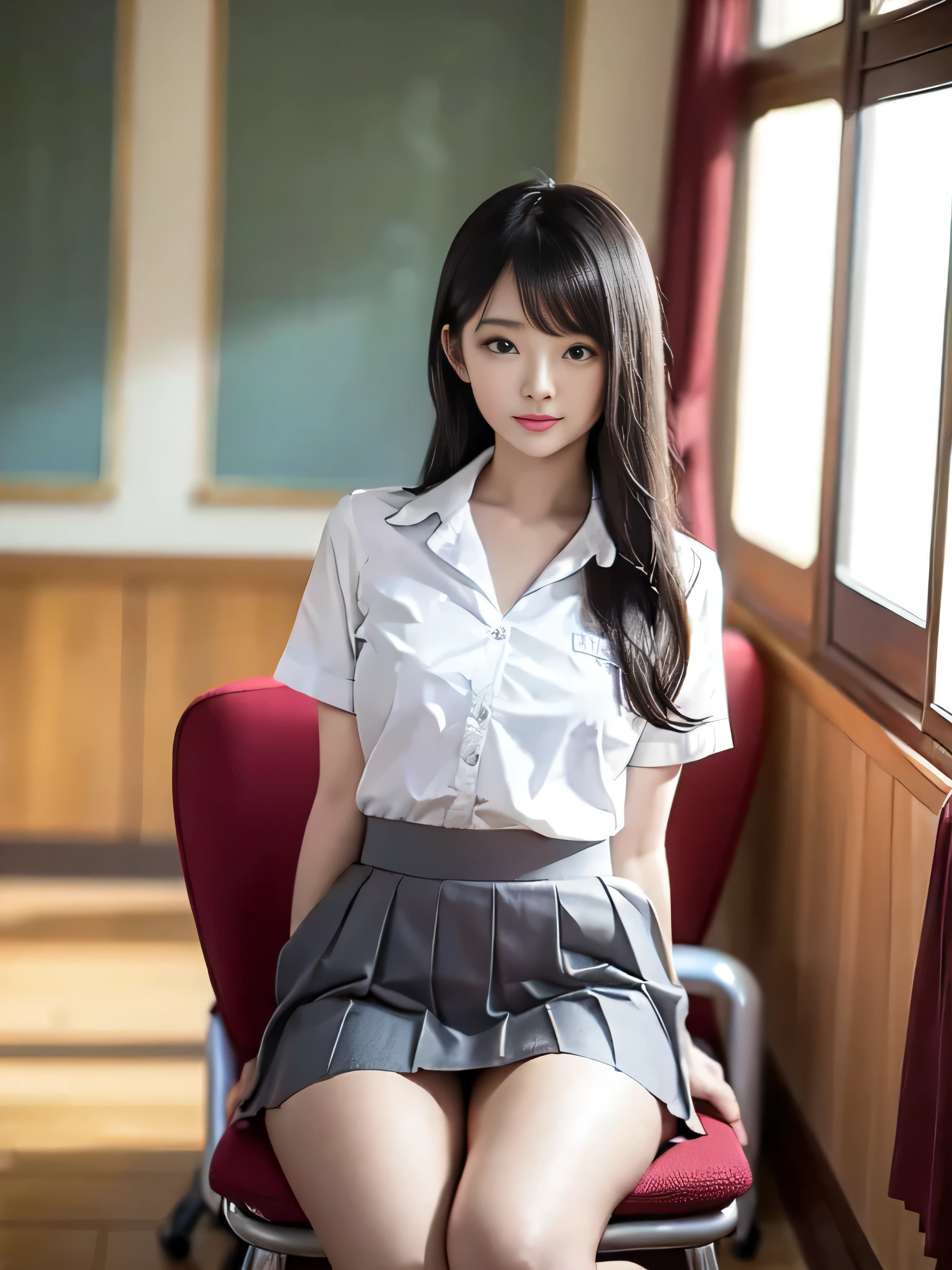 top-quality、8k picture、In a classroom with the sunset shining through the window、One high school girl sitting on a chair、Cute Beautiful Girl、Get on your knees and sit on a chair、White blouses、a short skirt、I can't see the white panties.、slenderbody、tiny chest、toned legs、Detailed details