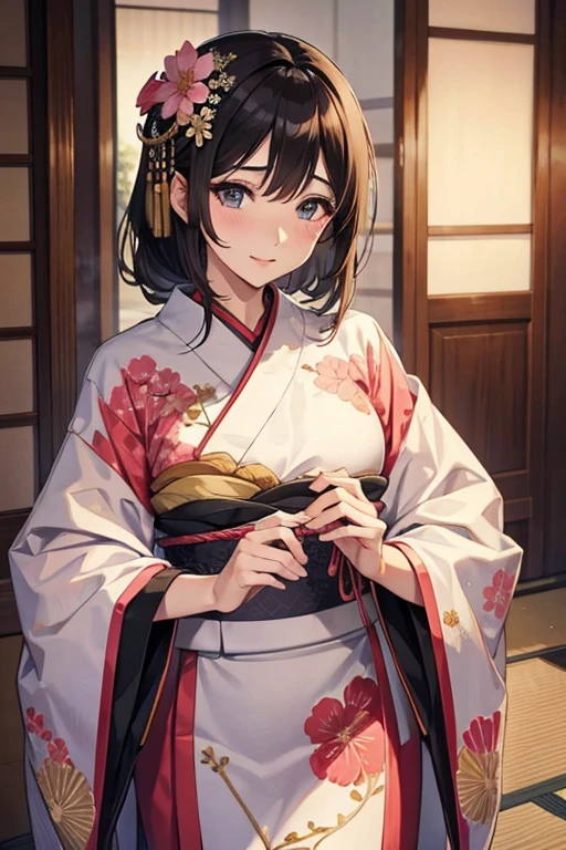 beautiful mature woman、New Year、Furisode、well-groomed face