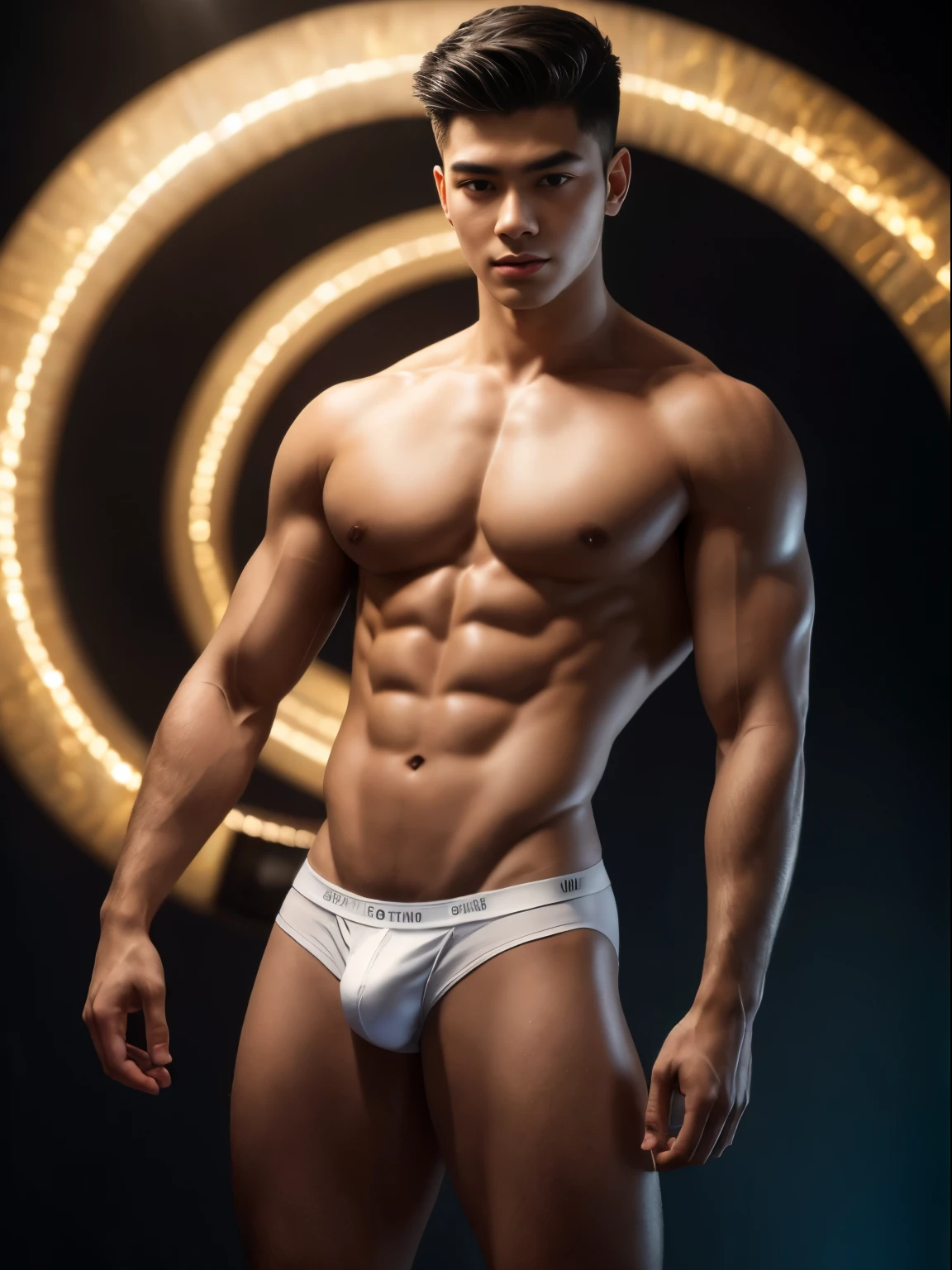 (ultra-realistic, highres ,best quality, masterpiece:1.2), asian, full body, 18-year-old male posing for photoshoot, wearing only small underwear, detailed facial features, detailed eyes, detailed hands, long eyelashes, no facial hair, young, slim physique, skinny, small build, no body hair, handsome face, backside facing, dynamic poses, stylish hair, background, photo studio, dramatic lighting effects