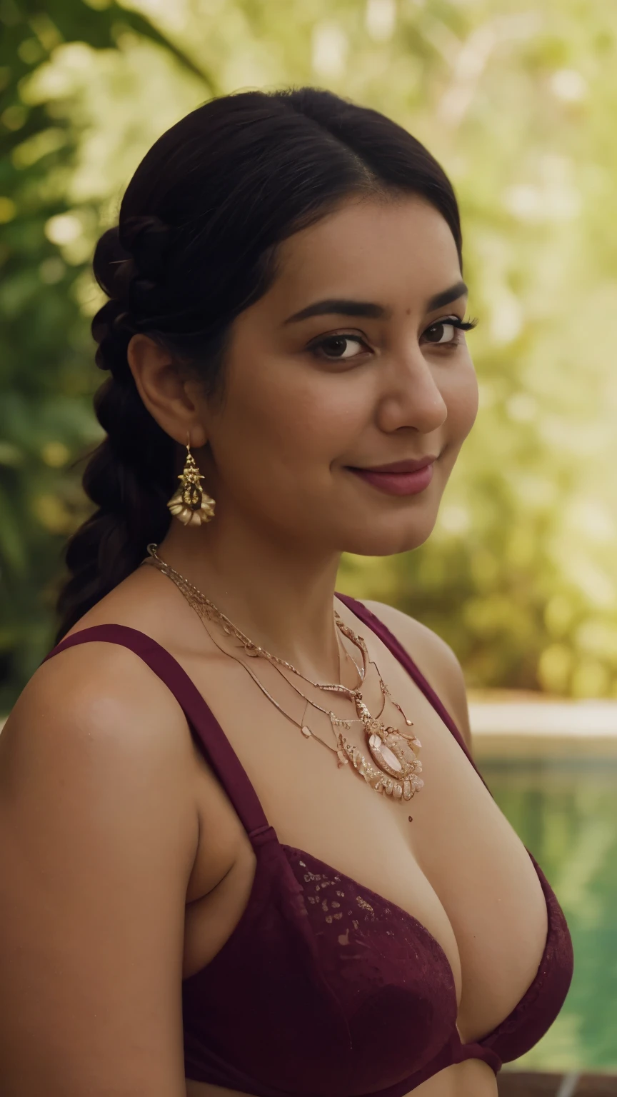 extreme close up photo of indian, curvy, hourglass figure, swooping breasts, showing deep cleavage, swimming in pool, french braid hair, necklace, sexy maroon bra, sultry, seductive eyes, look at viewer and smile, (cinematic:1.3), intricate details, (ArtStation:1.2)