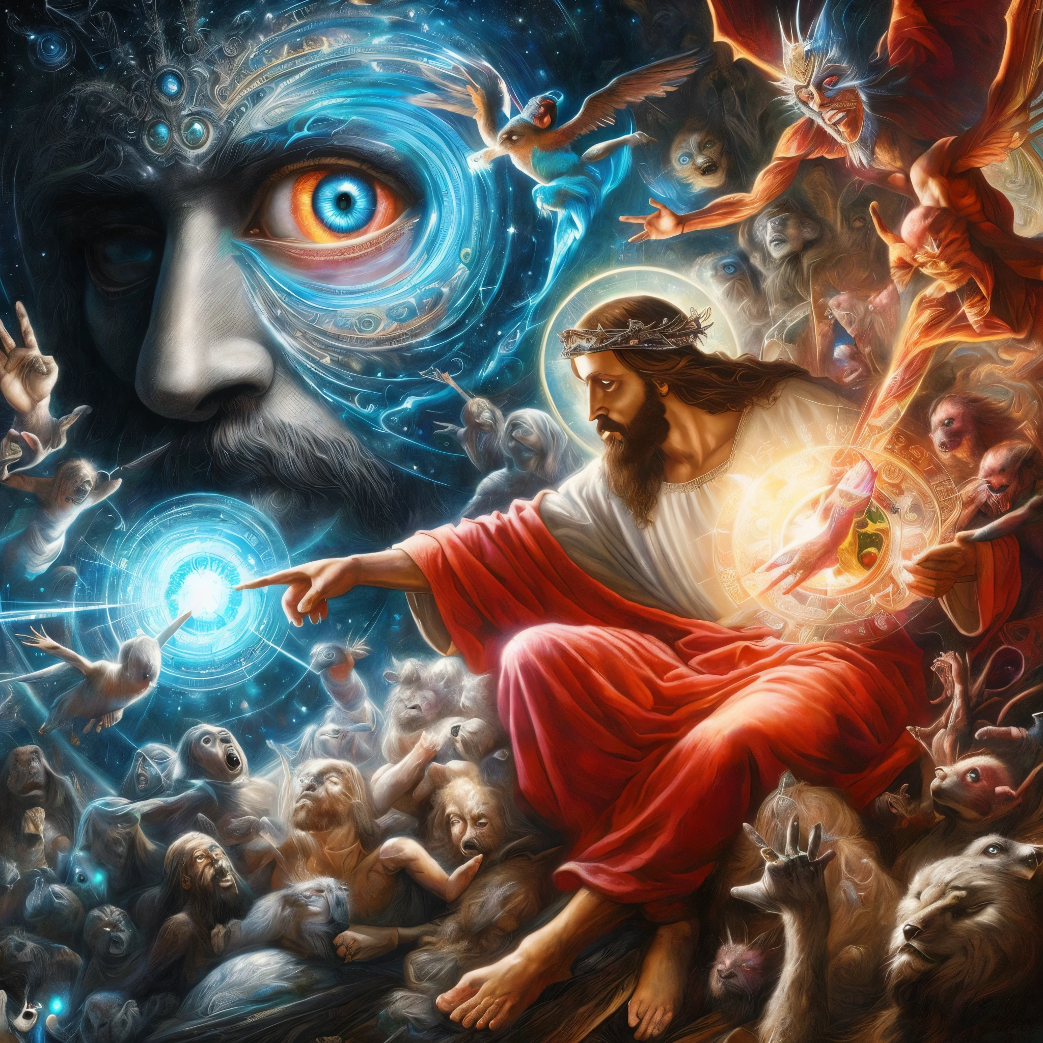 Painting of Jesus with a halo surrounded by other creatures, dan mumford and alex gray style, digital visionary art, visionary art style, hyper - detailed visionary art, psytrance artwork, psychedelic surreal art, God King of AI Art, hyper detailed visionary art, visionary art, alex gray art, alex gray style, ( ( God King of AI Art ) )