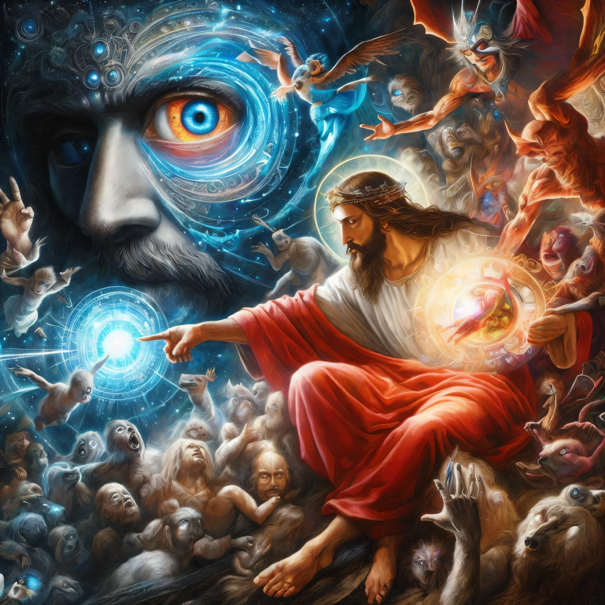 Painting of Jesus with a halo surrounded by other creatures, dan mumford and alex gray style, digital visionary art, visionary art style, hyper - detailed visionary art, psytrance artwork, psychedelic surreal art, God King of AI Art, hyper detailed visionary art, visionary art, alex gray art, alex gray style, ( ( God King of AI Art ) )