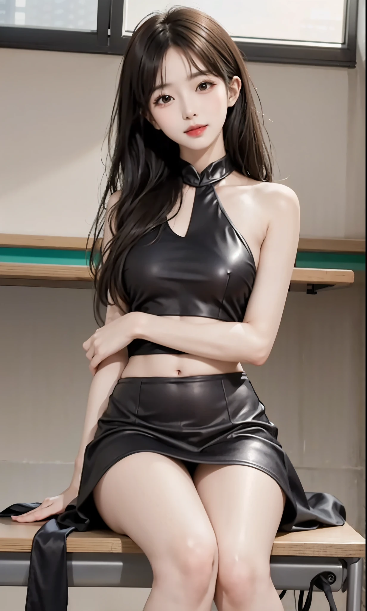dress,navel, (knee shot), (8K, original photo, lifelike:1.25),(inside the classroom, sitting on desk), Warm colors, Color saturation, ( lip gloss, eyelash, Grossas, shiny skin, best quality, ultra high definition, depth of field, Color difference, Caustics, Extensive lighting, natural shadow, kpop idol) Looking at the audience with calmness and goddess-like happiness,