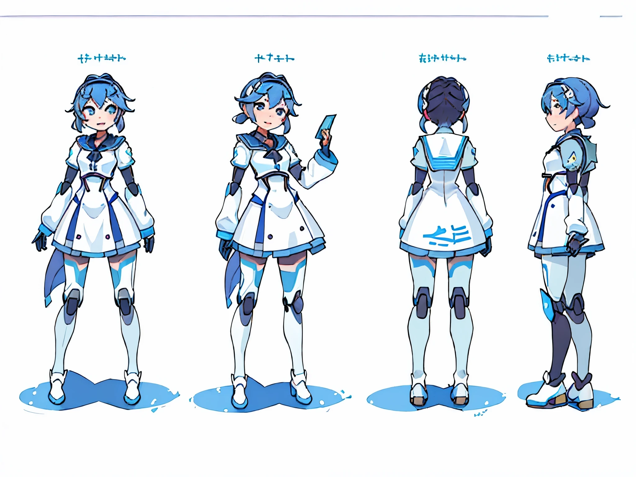 character drawinasterpiece, best quality)),（character design sheet，front，front，back，side） , （character design sheet,Positive，Positive，back，side），（character design sheet，Different postures of the same character） ，full of details, Various poses and expressions, The content is very detailed, depth of field, Many partini Robotook styles，Non-human，Sporty wind，AI robot image，wear uniform，Student uniform，holding a book in his hands，Cute little machine，not human，An image of an AI machine full of positive energy，车身front图, rear view of fuselage,side图，Cute little machine人，size of baby，Blue is predominant