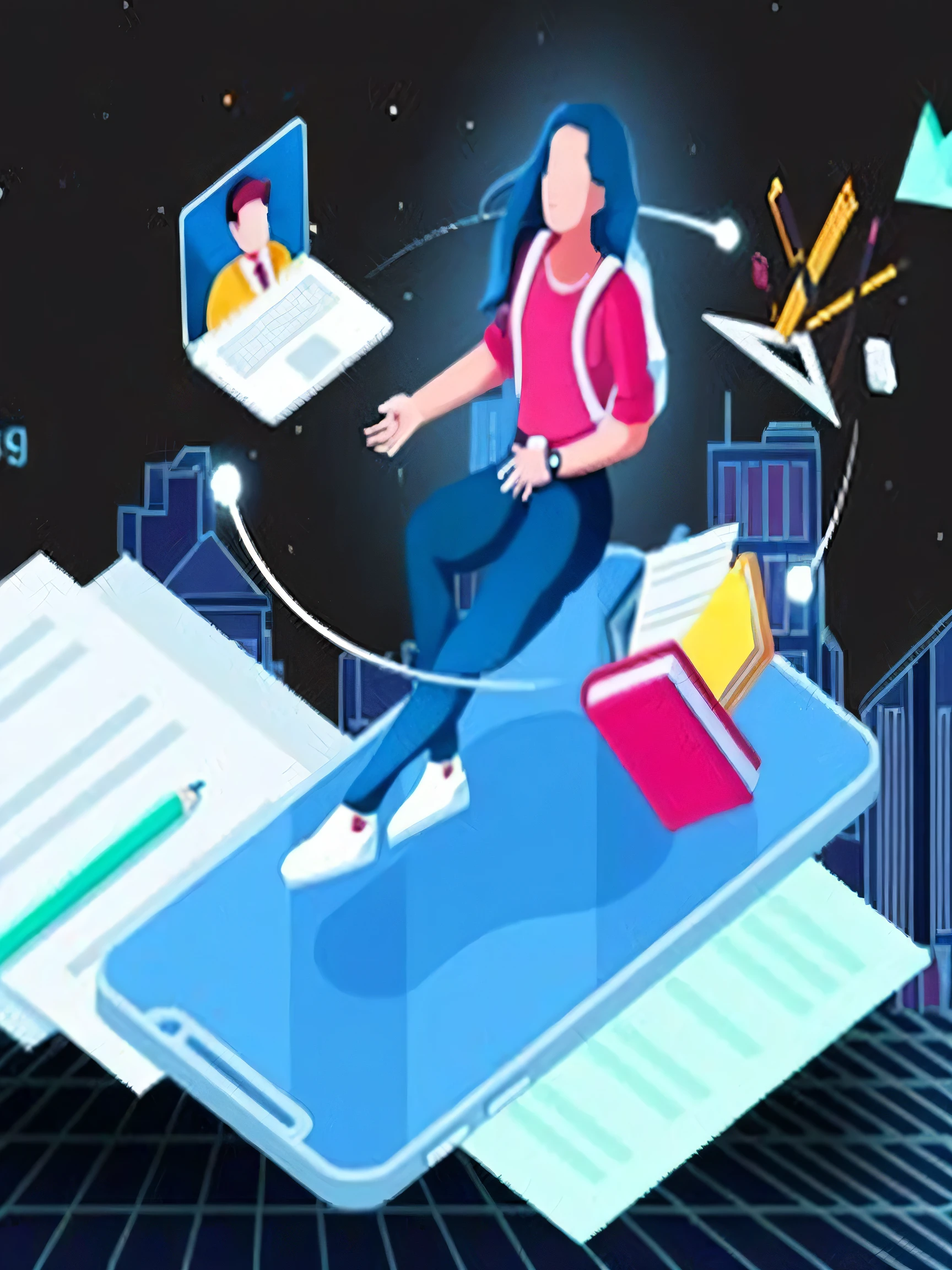 a woman sitting on top of a laptop with a book and a laptop, flat illustration, isometric illustration fun, ilustration, corporate animation style, 2d illustration, 2 d illustration, isometric style, digital 2d illustration, detailed 2d illustration, isometric illustration, illustration style, modern illustration, digital concept art illustration, illustrative, marketing illustration