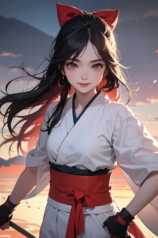 masterpiece, Best quality,1girl, red bow, bow, long hair, hair bow, Ainu clothing, solo, hair band, bird, black hair, fingerless gloves, short sleeves, gloves, sash, pants, bangs, red hair band, weapon, chest, brown eyes, white pants, kimono, nakoruru, light smile, official art, good composition, official pose, detailed portrait, portrait, bokeh, clouds and mountain background, samurai, onmyoji style, high resolution, Dramatic lighting and shadows, sun flares, blurred foreground