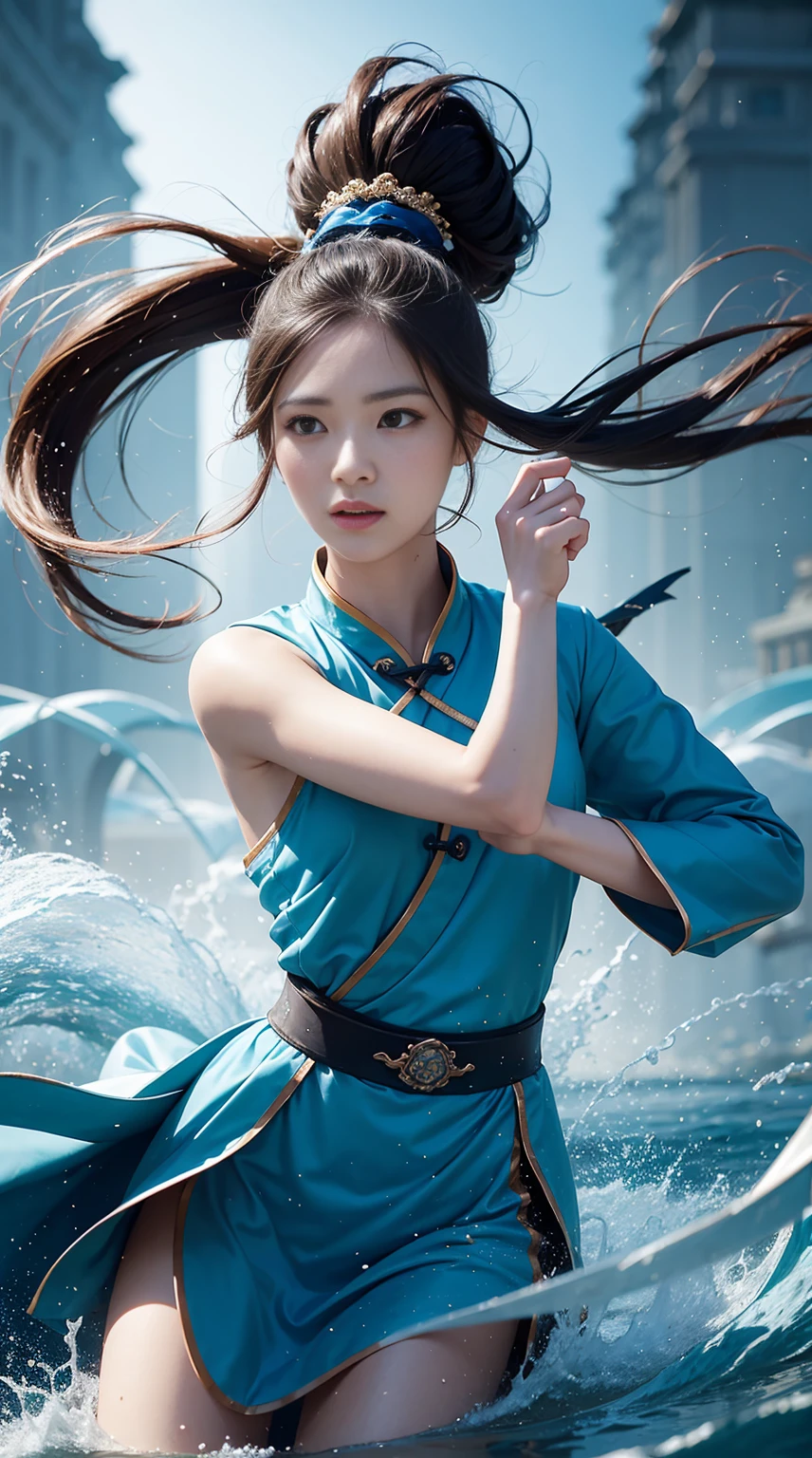 A picture full of stories,GoPro,motion blur,long exposure,close-up,an elegant chinese girl dressed in Tang Dynasty is fighting,in the middle of a blue stream,covered with thunder and lightning,martial arts moves,Peerless beauty,in an ethereal portrait style,by Polina Washington,Chinese style,playing light and shadow, Bauhaus photography,Fuji, 28mm, super color dreamscape, Camille Claudel.Selective focusing, cyan blue light