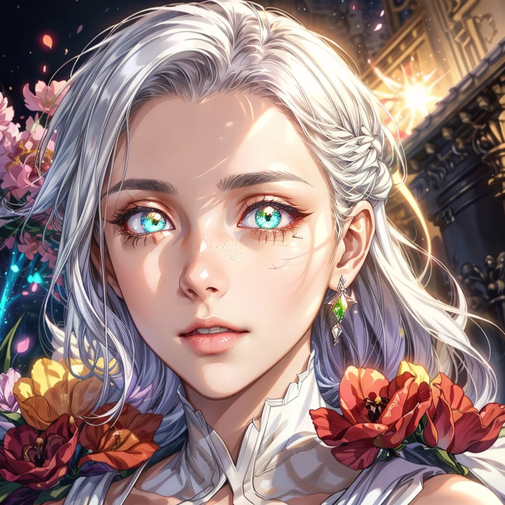 16 year old female, Masterpiece, best quality, illustration, white hair, long hair, white dress, 1girl, cute, (dynamic lighting:1.2), cinematic lighting, delicate facial features, detailed eyes, sharp pupils, realistic pupils, depth of field, sharp focus, (hyper-detailed, bloom, glow:1.4), many small gems