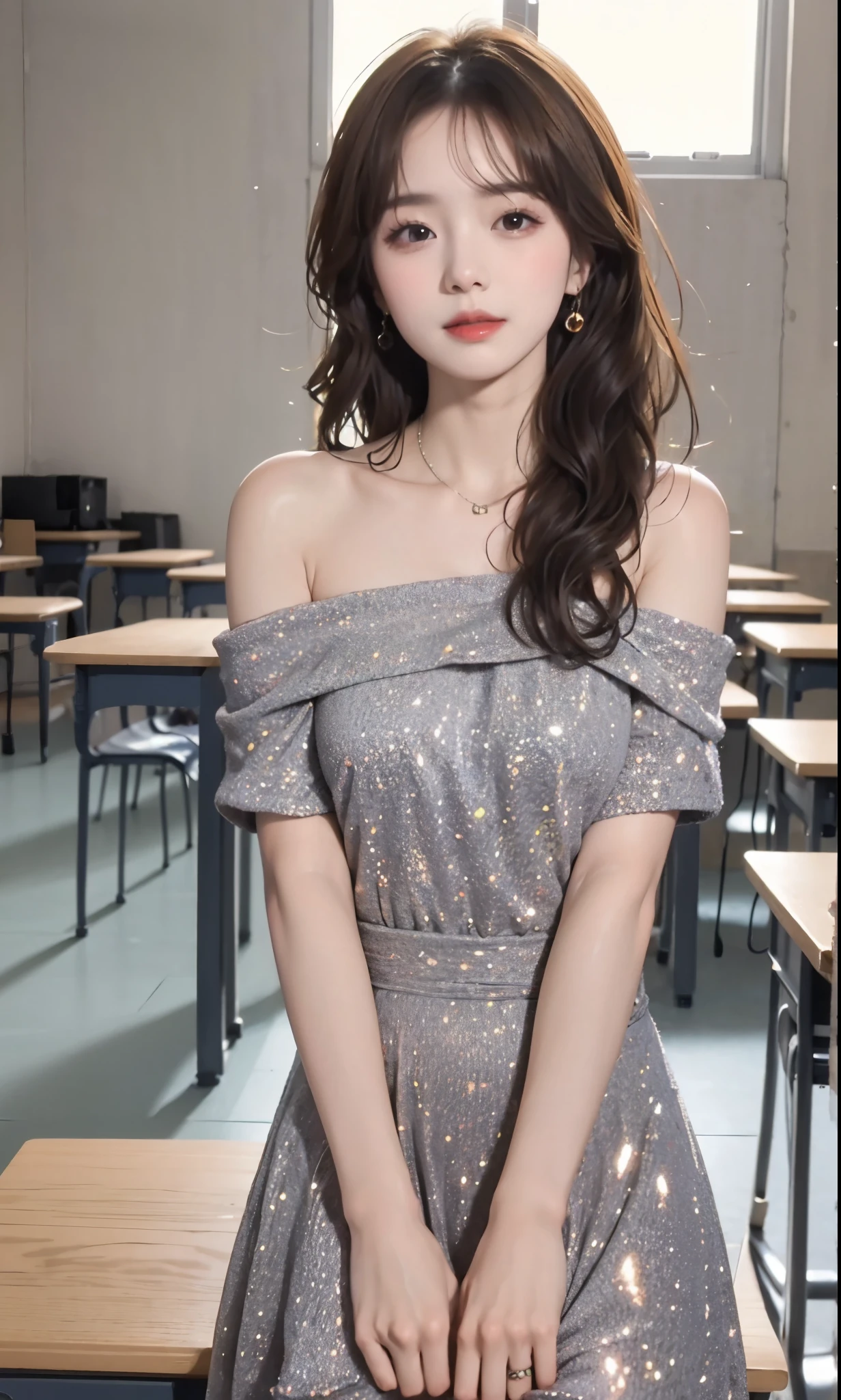 dress, (knee shot), (8K, original photo, lifelike:1.25),(inside the classroom, sitting on desk), Warm colors, Color saturation, ( lip gloss, eyelash, Grossas, shiny skin, best quality, ultra high definition, depth of field, Color difference, Caustics, Extensive lighting, natural shadow, kpop idol) Looking at the audience with calmness and goddess-like happiness,