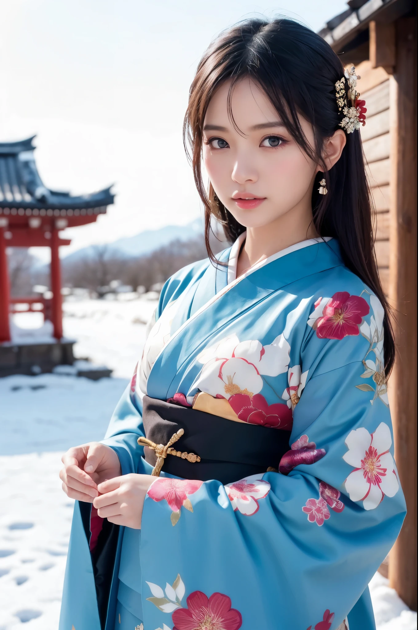 Japanese shinto shrines in snowy landscapes, Early morning of New Year's Day, (A beautiful Japanese girl in a kimono for New Year's celebration, solo, floral print, hair ornaments), masterpiece:1.2, best quality, 8k, RAW photo, (realistic, photo-realistic:1.4), cowboy shot, Like a Japanese Idol, Extremely cute, elegant, Slightly bewitching, parted lips, glossy skin, cinematic composition, professional warm lighting and shading, extremely detailed eyes and face, eyes with beautiful details, insanely detailed beautiful realistic skin texture, (correct body balance, accurate hands, accurate eyes)