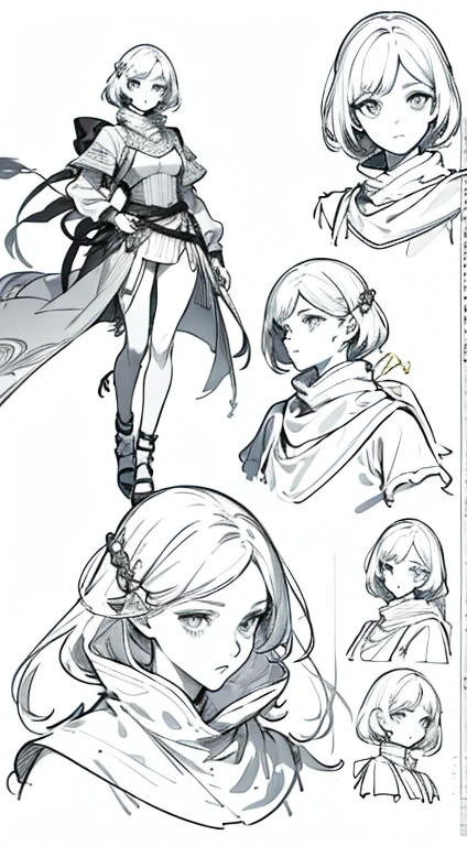 Video game character design, Drawing with Line Drawing, Multiple points of view, best quality,masterpiece,highres, yuan-ti, female, collage ((character concept art)), Video game character design, Detailed female with pale skin,short dark hair, asian, illustartion,Realistic,Harmonious colours,natural lightingmultiple views, Multiple images of the same character in one outfit, Middle Ages