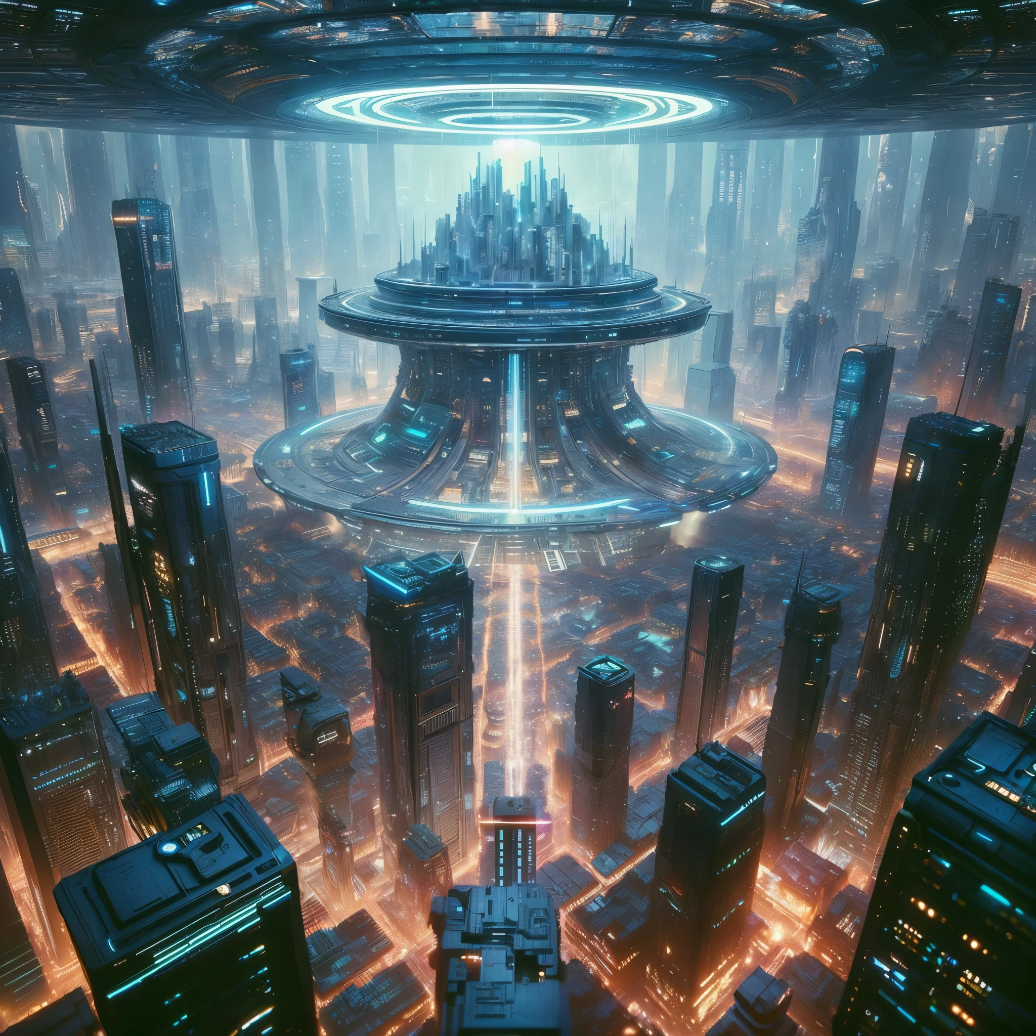 futuristic city with a futuristic spaceship flying over it, huge futuristic temple city, in fantasy sci - fi city, inspired by Mike "Beeple" Winkelmann, by Mike "Beeple" Winkelmann, arstation and beeple highly, by Beeple, hyper-futuristic city, futuristic utopian metropolis, sci - fi city