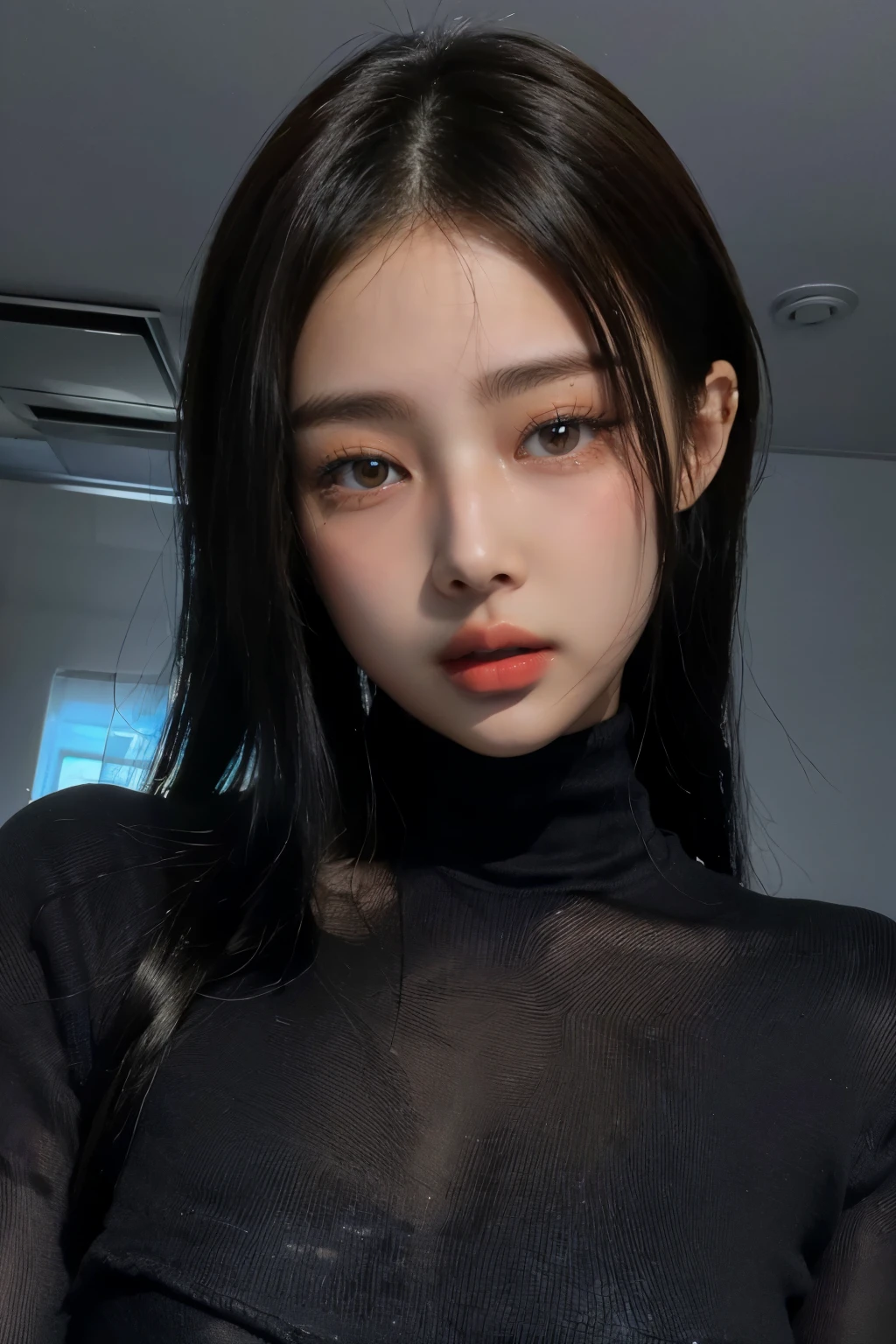 ultra high resolution, obra de arte, melhor qualidade, peles brilhantes brilhantes perfeitas, fundo cinza escuro, classic black dress, perfect lighting, detailed lighting, dramatic shadows, rastreamento de raios, 1 garota, Black sweater, Olhando para o visualizador, fora do ombro, seios grandes, decote exposto, olhos azuis, sharp face, olhos afiados, cabelo liso xale forte , NSFW, ((fundo escuro)),, rosto sexy, Facial expressions when receiving pleasure,(( Tatuagem no peito))