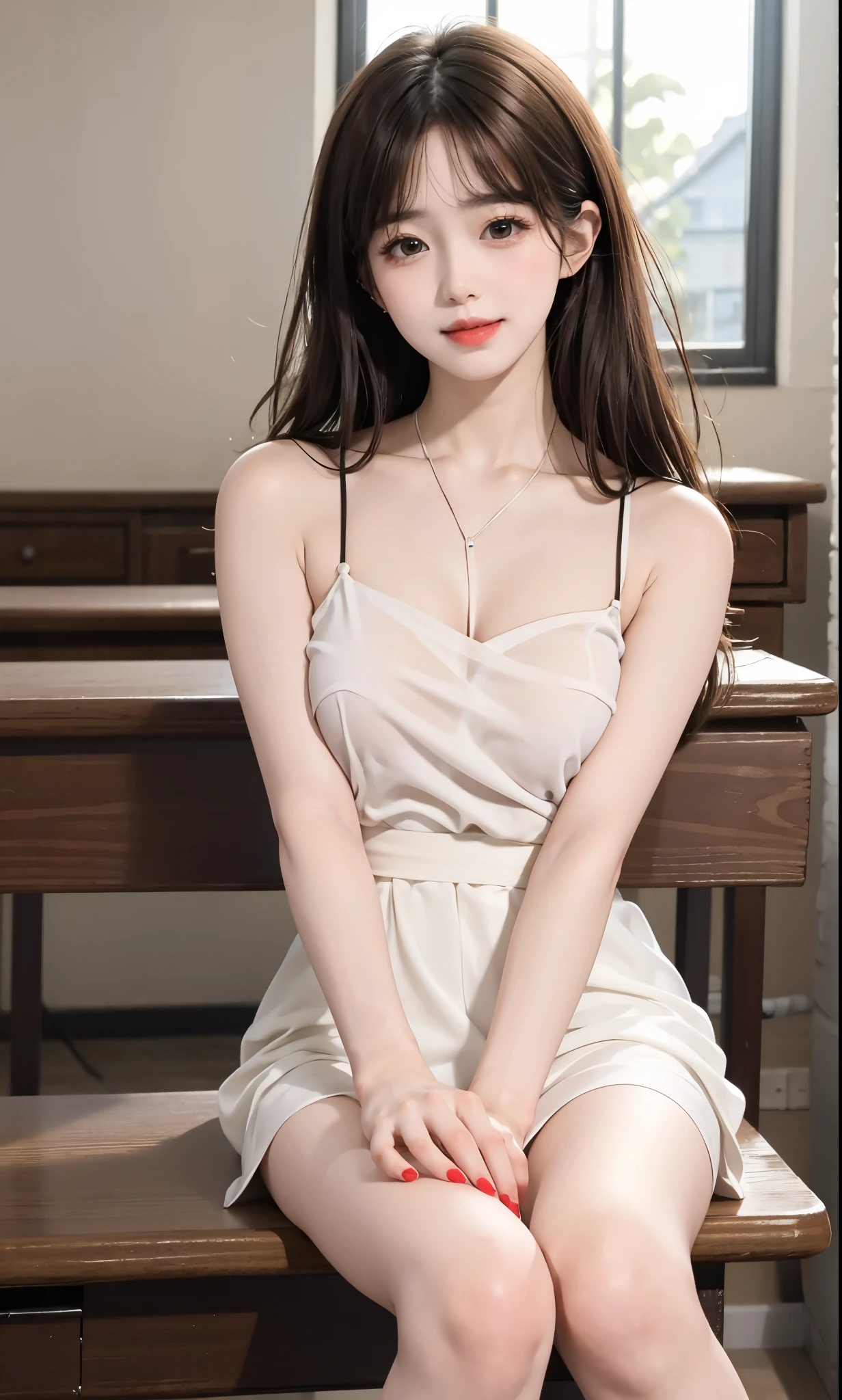 bare shoulders, dress,, (knee shot), (8K, original photo, lifelike:1.25),(inside the classroom, sitting on desk), Warm colors, Color saturation, ( lip gloss, eyelash, Grossas, shiny skin, best quality, ultra high definition, depth of field, Color difference, Caustics, Extensive lighting, natural shadow, kpop idol) Looking at the audience with calmness and goddess-like happiness,
