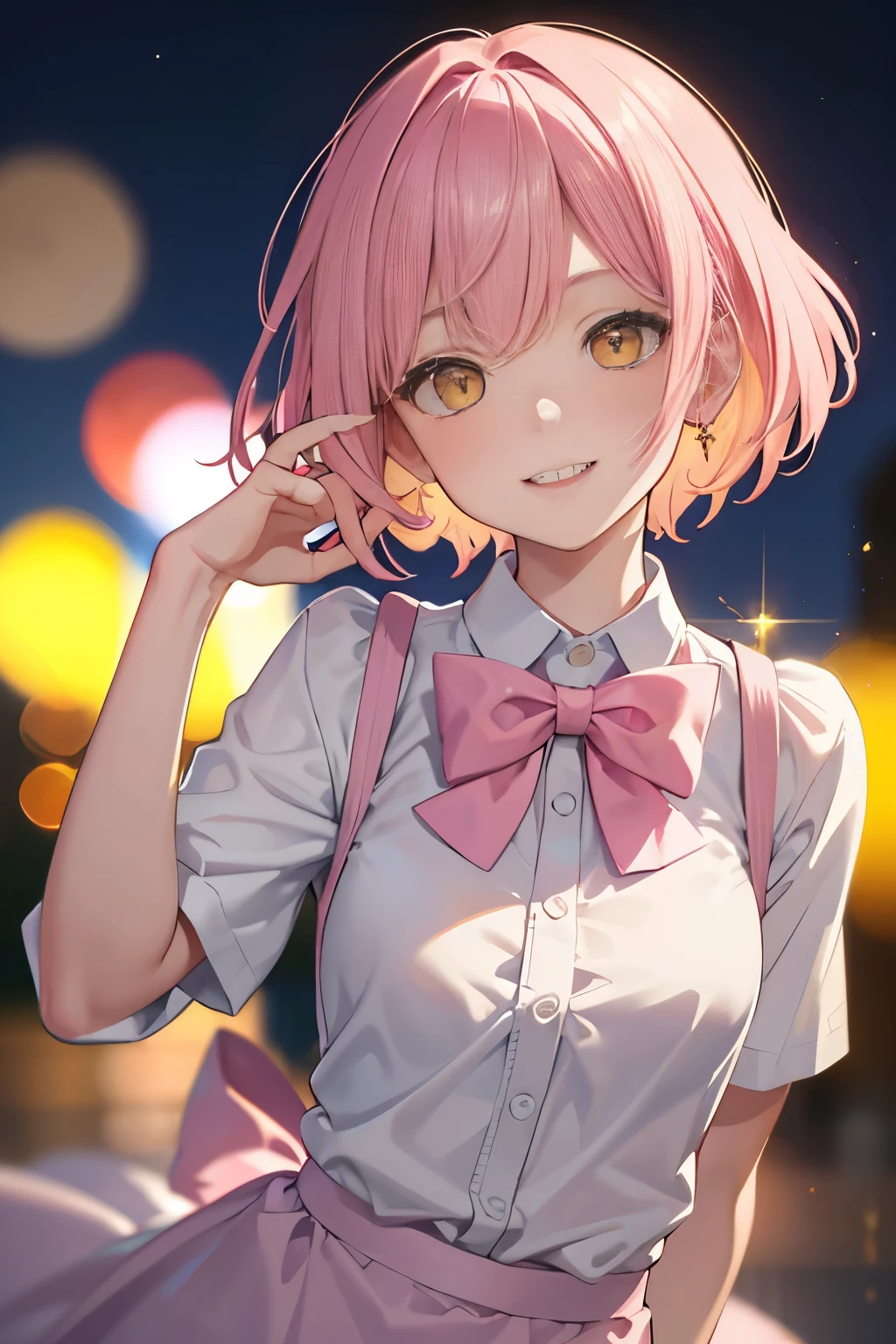 masterpiece, best quality, short hair, pink hair, close up, yellow eyes, Smile, , bow tie, White shirt, night, Bokeh, outdoor,